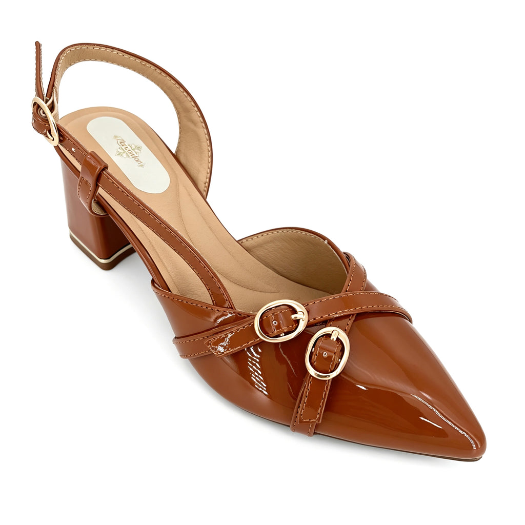 Zapatos de tacón medio con doble hebilla cruzada y pulsera trasera para mujer, charol | Venta al por mayor | Multicolor | Tallas EU 35–41