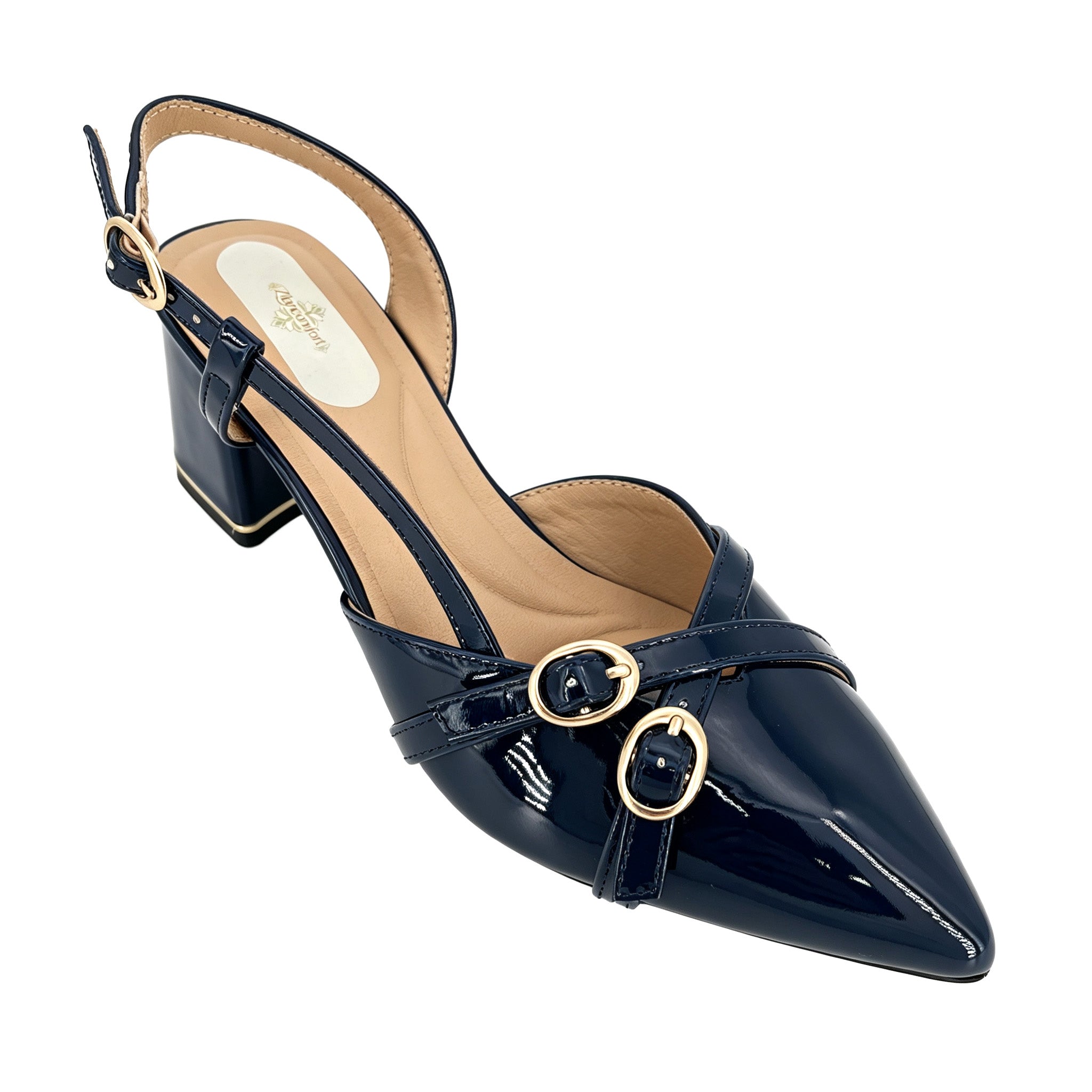 Zapatos de tacón medio con doble hebilla cruzada y pulsera trasera para mujer, charol | Venta al por mayor | Multicolor | Tallas EU 35–41