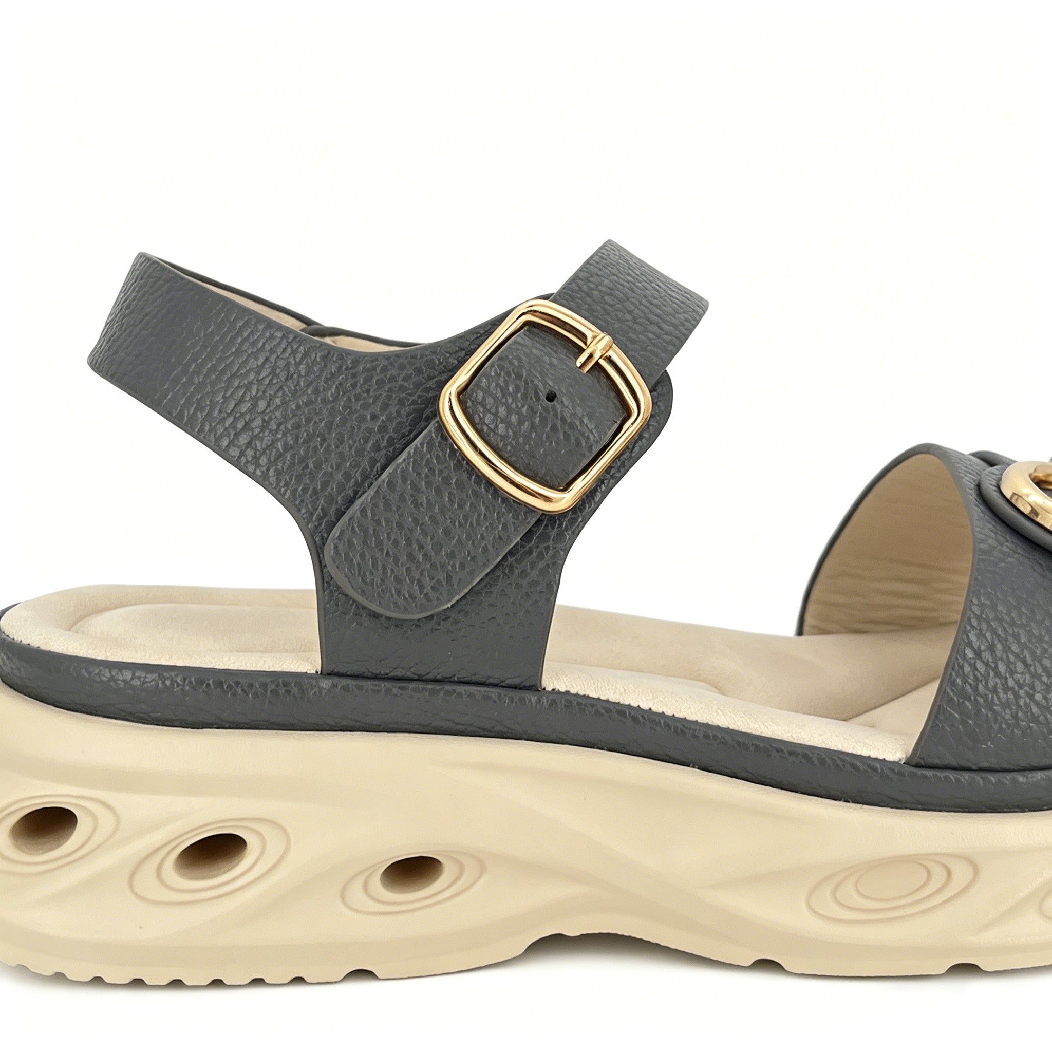 Women's Double-Strap Wedge Sandals with Gold Ring Buckle | Air-Cushion Platform