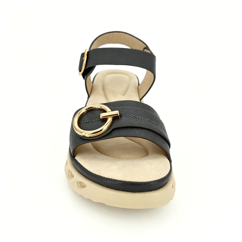 Women's Double-Strap Wedge Sandals with Gold Ring Buckle | Air-Cushion Platform