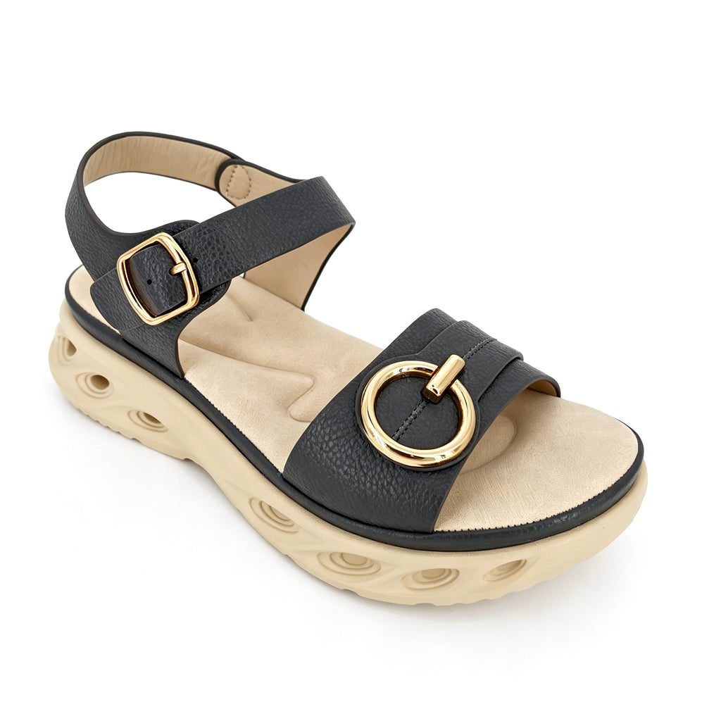 Women's Double-Strap Wedge Sandals with Gold Ring Buckle | Air-Cushion Platform