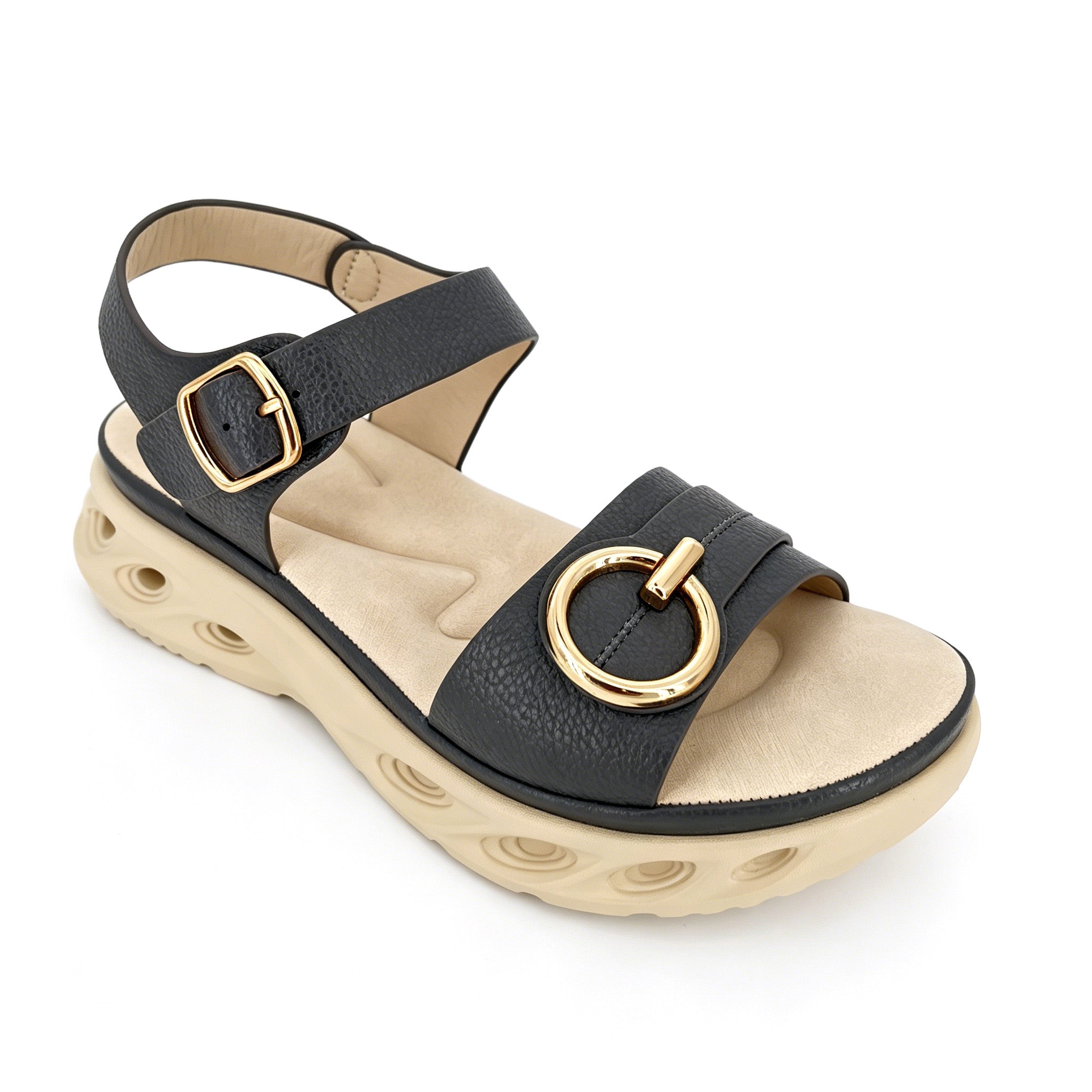 Women's Double-Strap Wedge Sandals with Gold Ring Buckle | Air-Cushion Platform