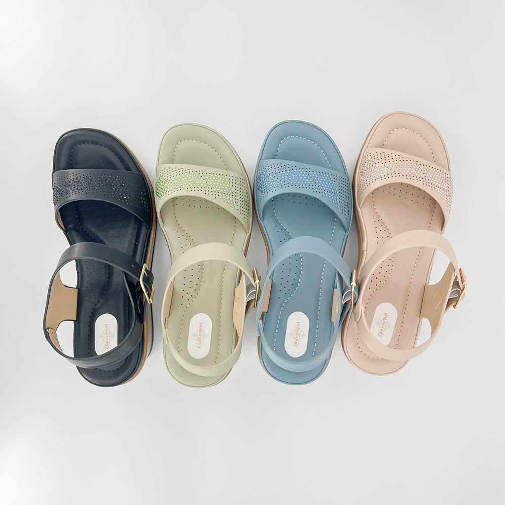 ZC Women's Perforated Tonal Crystal Wedge Sandals – Wholesale | Breathable Comfort | Multi-Color Options