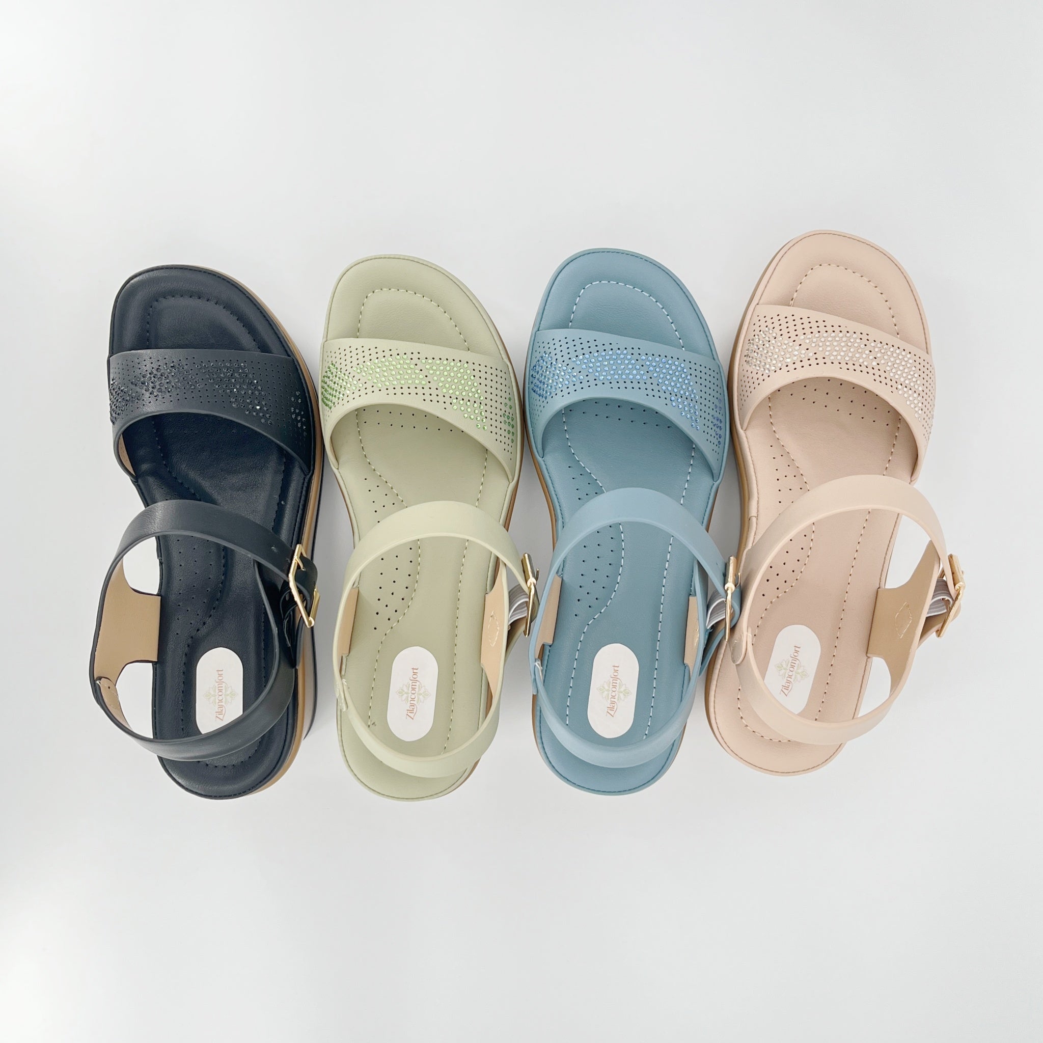 ZC Women's Perforated Tonal Crystal Wedge Sandals – Wholesale | Breathable Comfort | Multi-Color Options