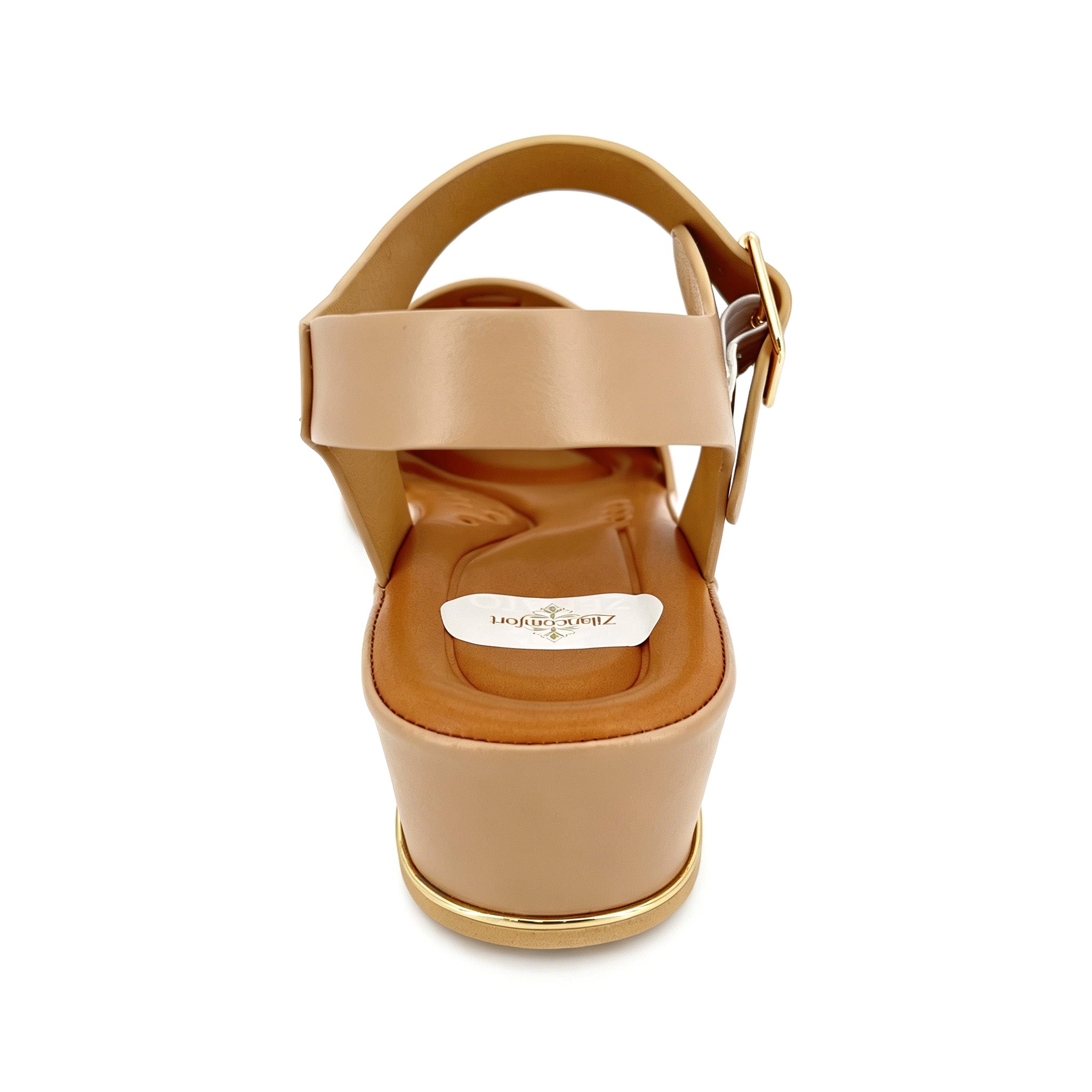 Women's Three-Band H-Strap Wedge Sandals with Textured Centre Panel & Oversized Gold Square Buckle | Gold Trim Wedge