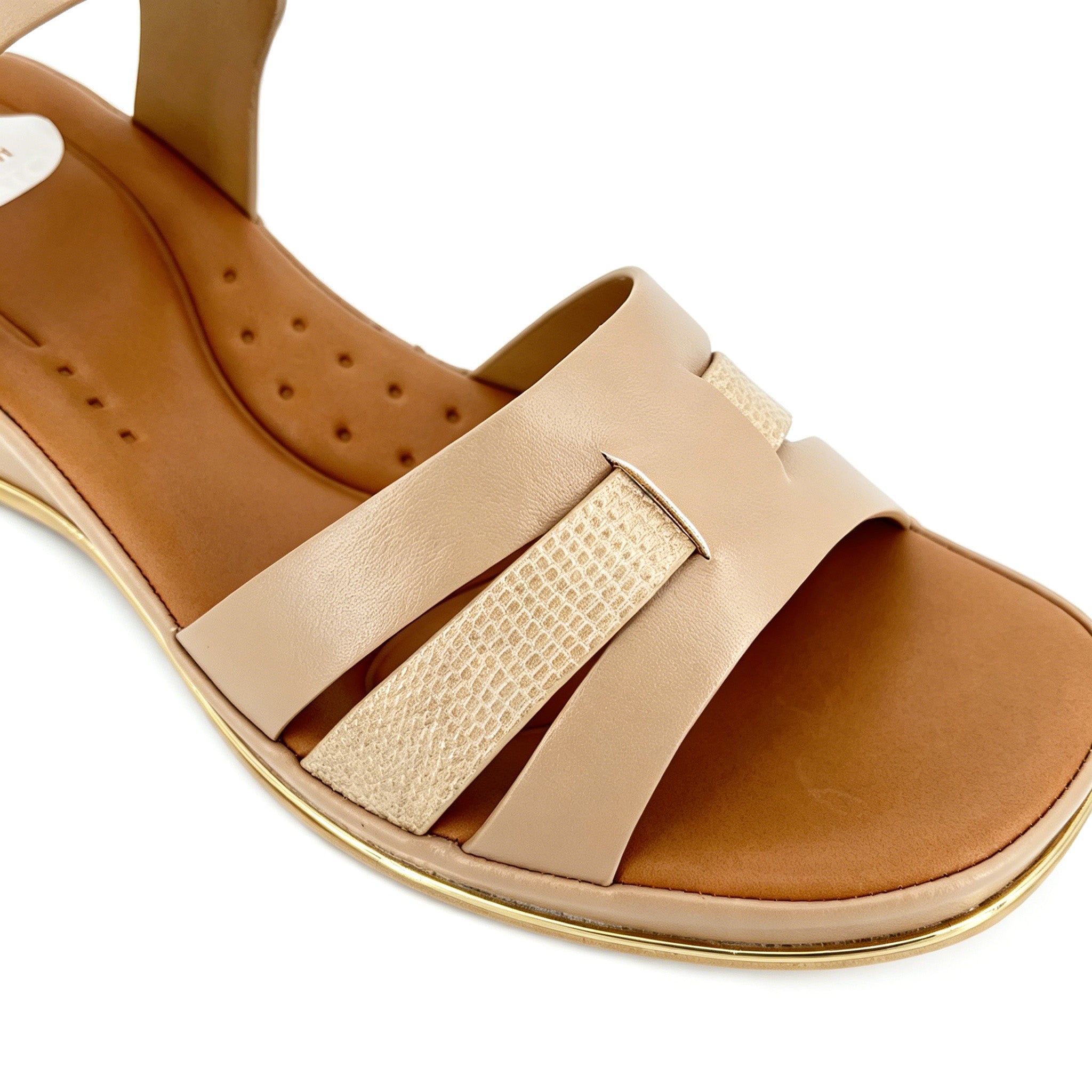 Women's Three-Band H-Strap Wedge Sandals with Textured Centre Panel & Oversized Gold Square Buckle | Gold Trim Wedge