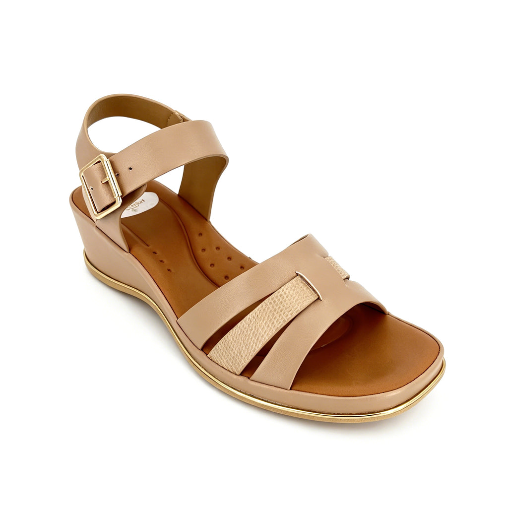 Women's Three-Band H-Strap Wedge Sandals with Textured Centre Panel & Oversized Gold Square Buckle | Gold Trim Wedge