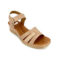 Women's Three-Band H-Strap Wedge Sandals with Textured Centre Panel & Oversized Gold Square Buckle | Gold Trim Wedge