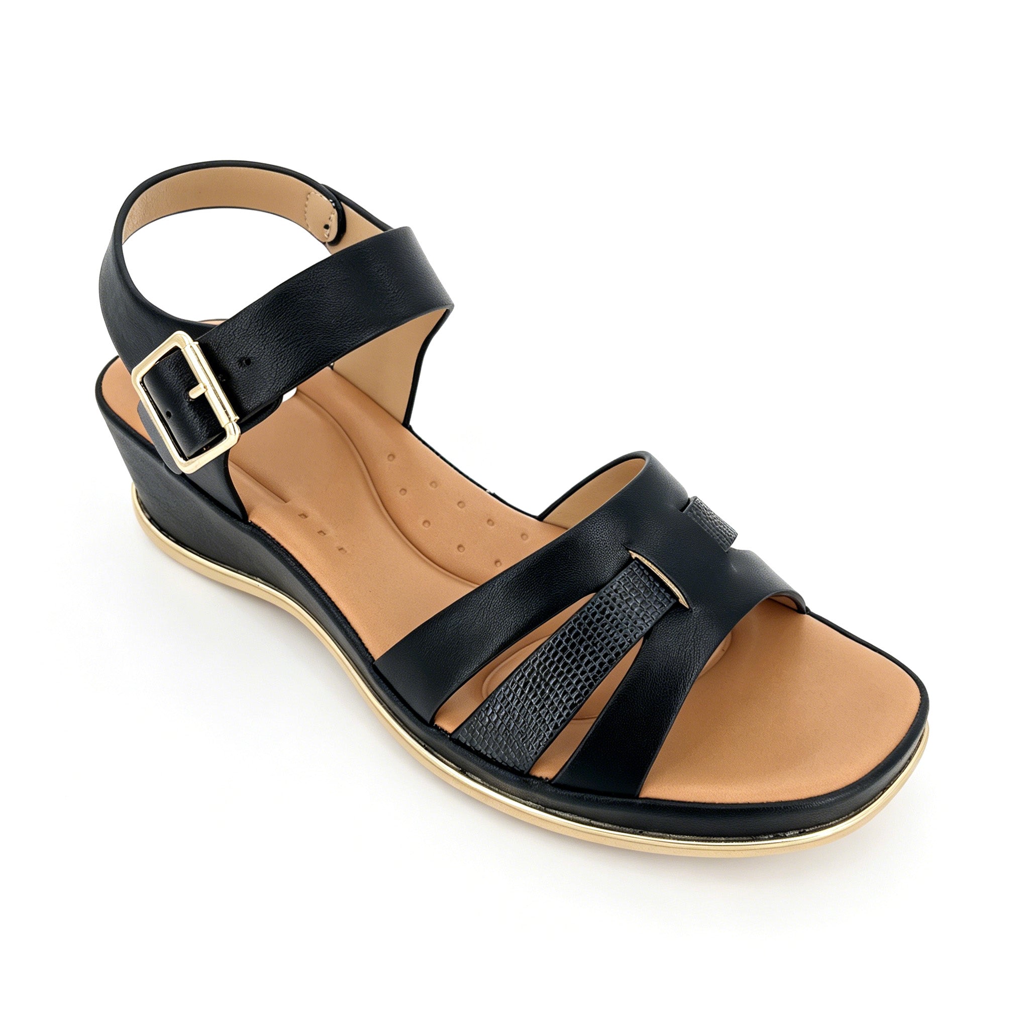 Women's Three-Band H-Strap Wedge Sandals with Textured Centre Panel & Oversized Gold Square Buckle | Gold Trim Wedge