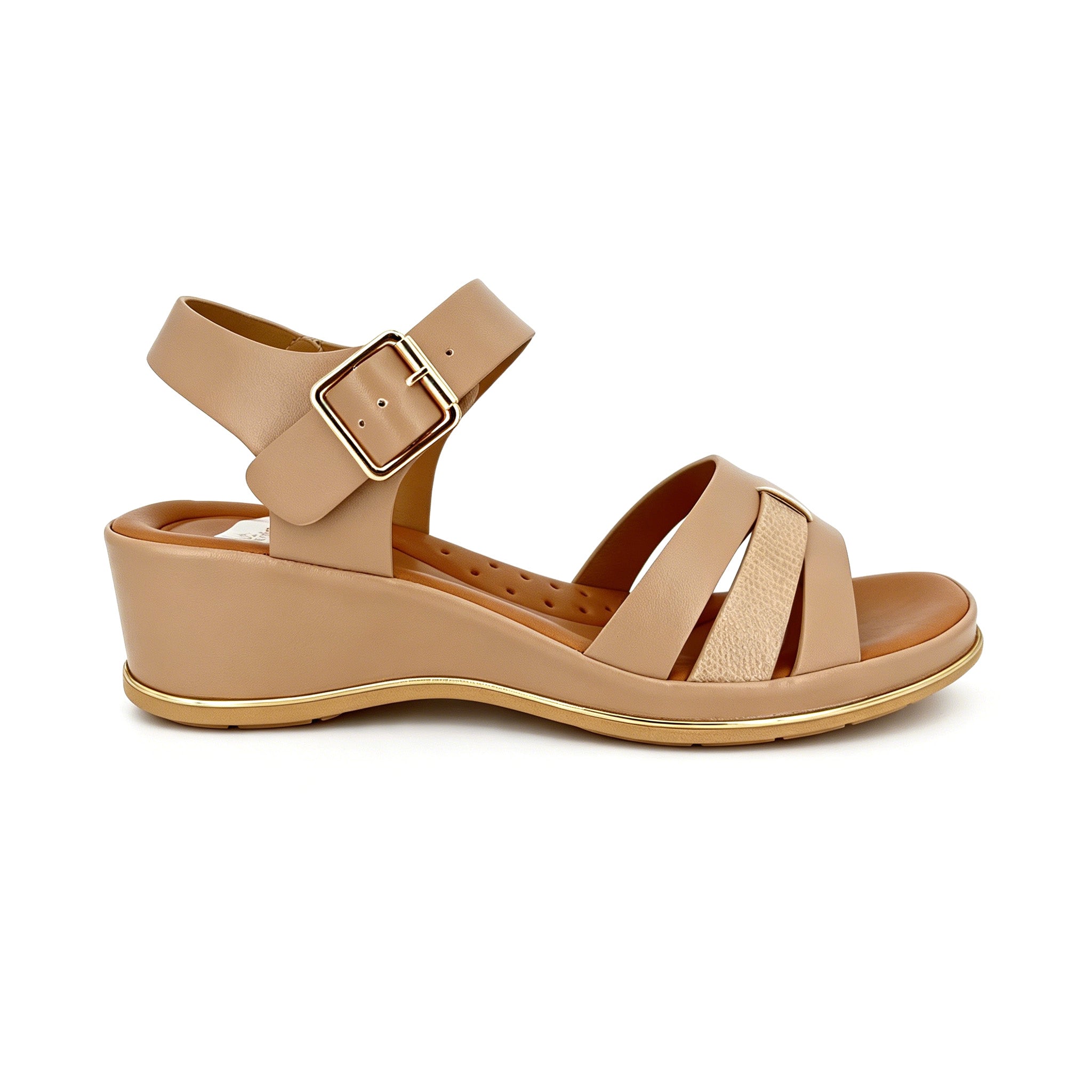 Women's Three-Band H-Strap Wedge Sandals with Textured Centre Panel & Oversized Gold Square Buckle | Gold Trim Wedge