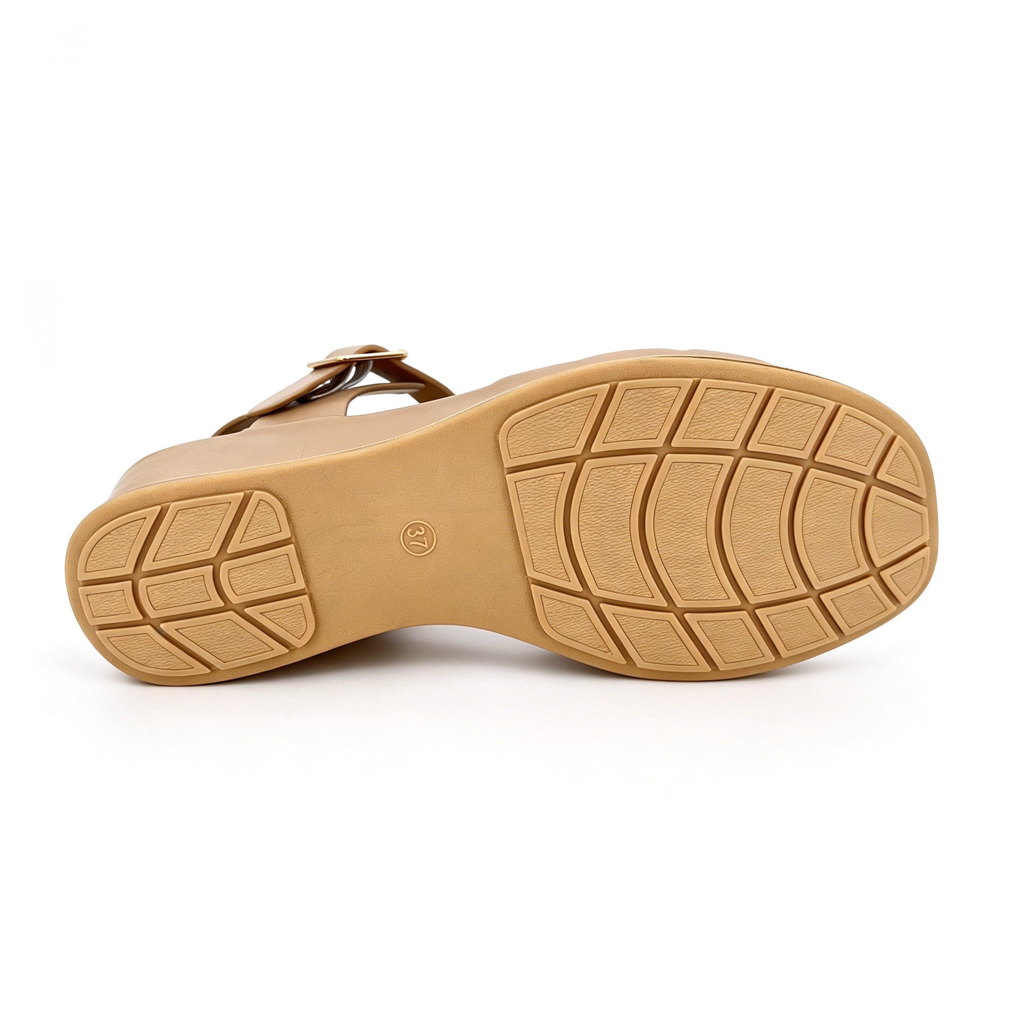 Women's Three-Band H-Strap Wedge Sandals with Textured Centre Panel & Oversized Gold Square Buckle | Gold Trim Wedge