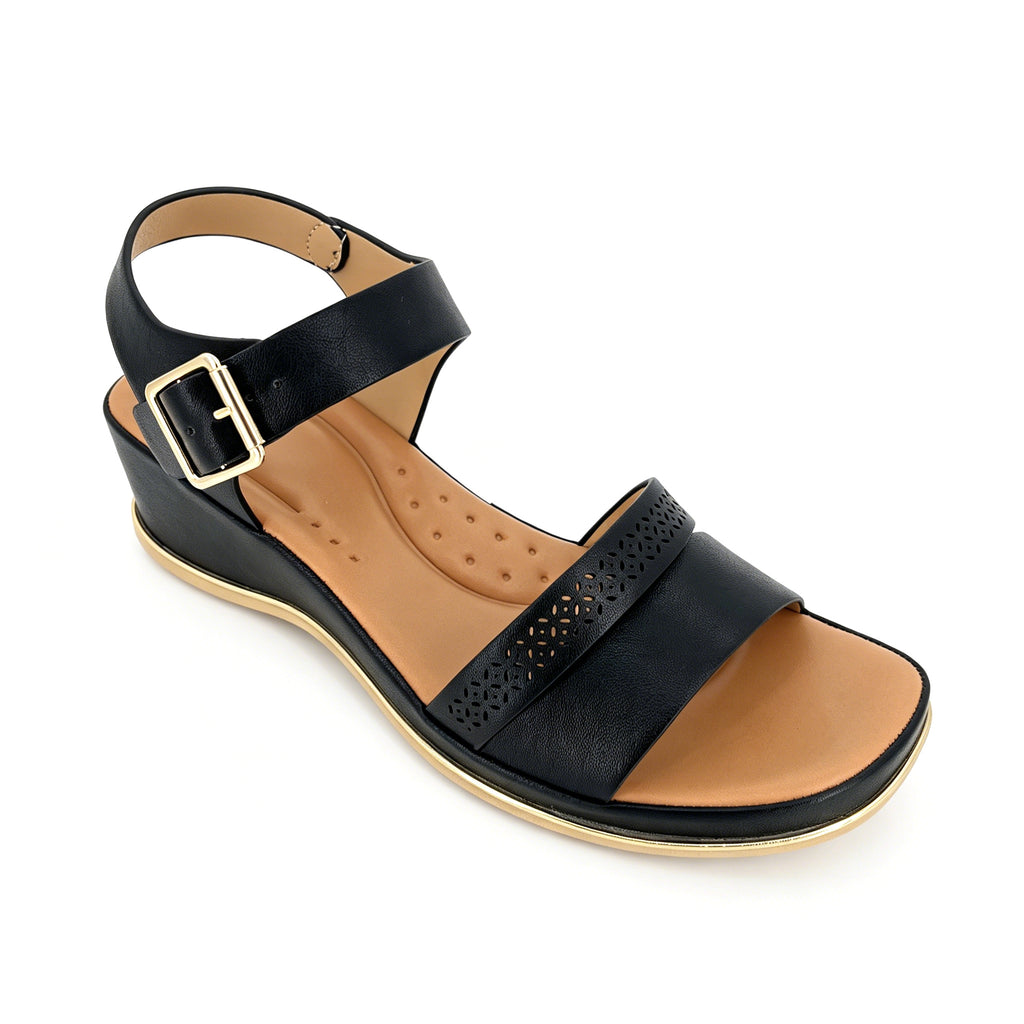Women's Laser-Cut Floral Wide-Strap Wedge Sandals with Gold Square Buckle & Gold Trim Sole | Low Wedge