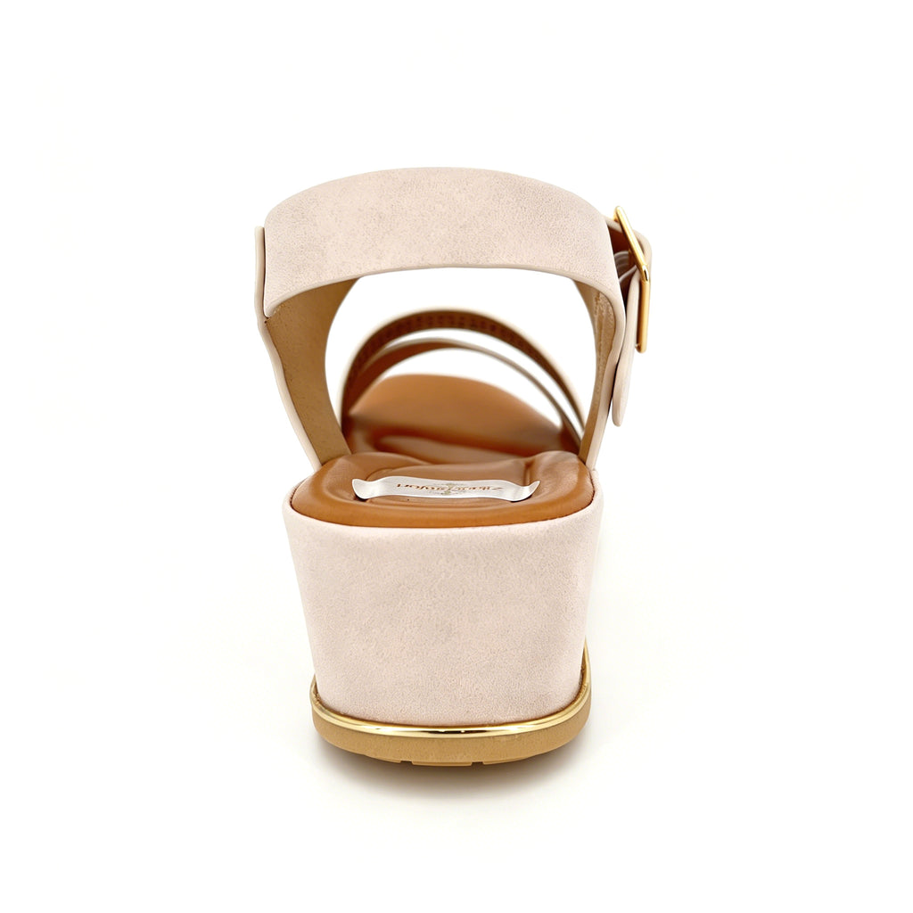 Women's Laser-Cut Floral Wide-Strap Wedge Sandals with Gold Square Buckle & Gold Trim Sole | Low Wedge