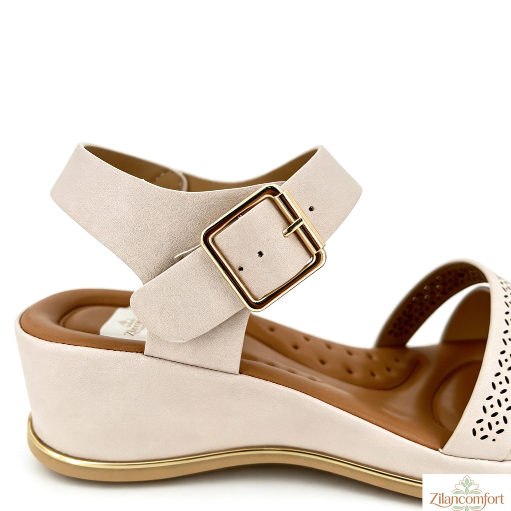 Women's Laser-Cut Floral Wide-Strap Wedge Sandals with Gold Square Buckle & Gold Trim Sole | Low Wedge