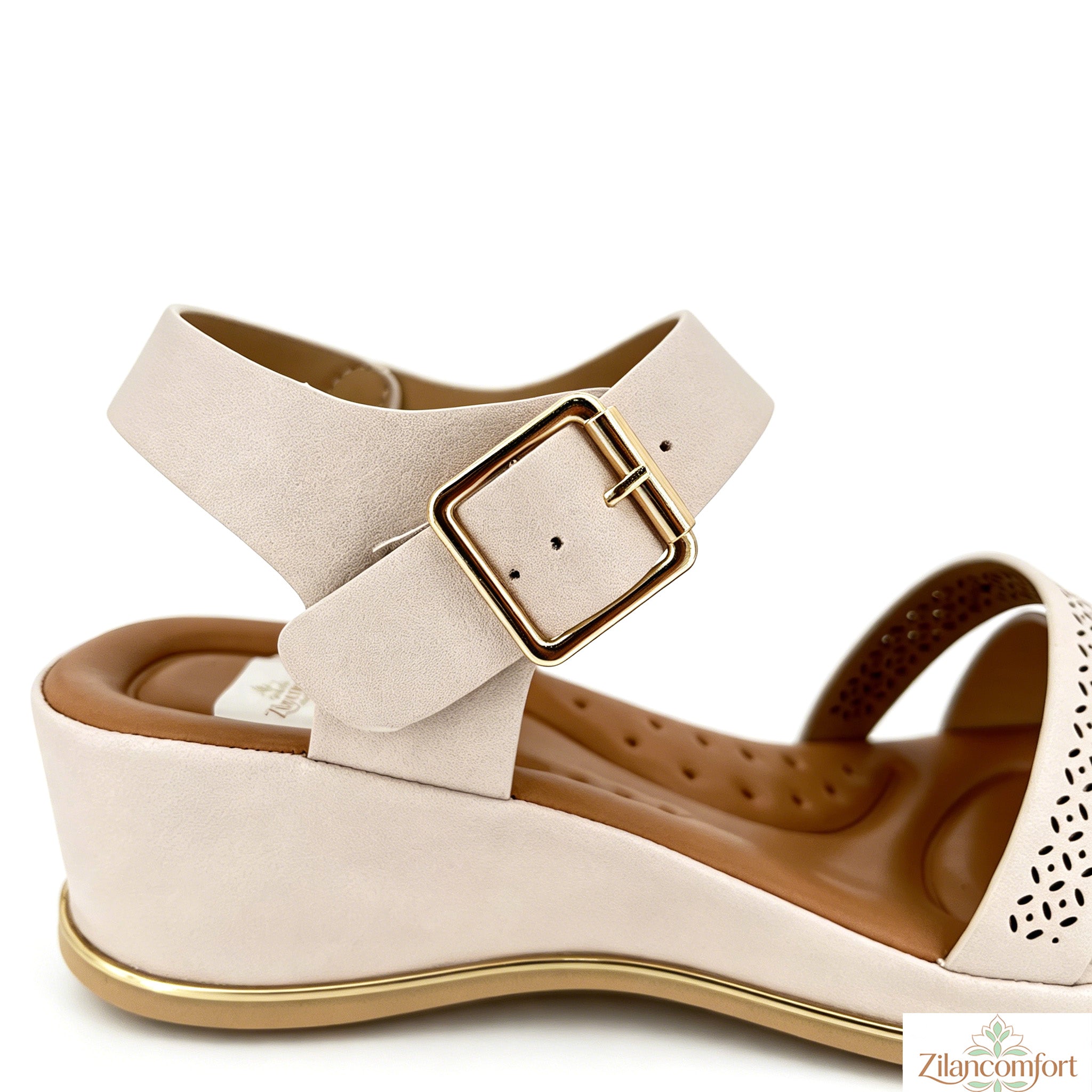 Women's Laser-Cut Floral Wide-Strap Wedge Sandals with Gold Square Buckle & Gold Trim Sole | Low Wedge