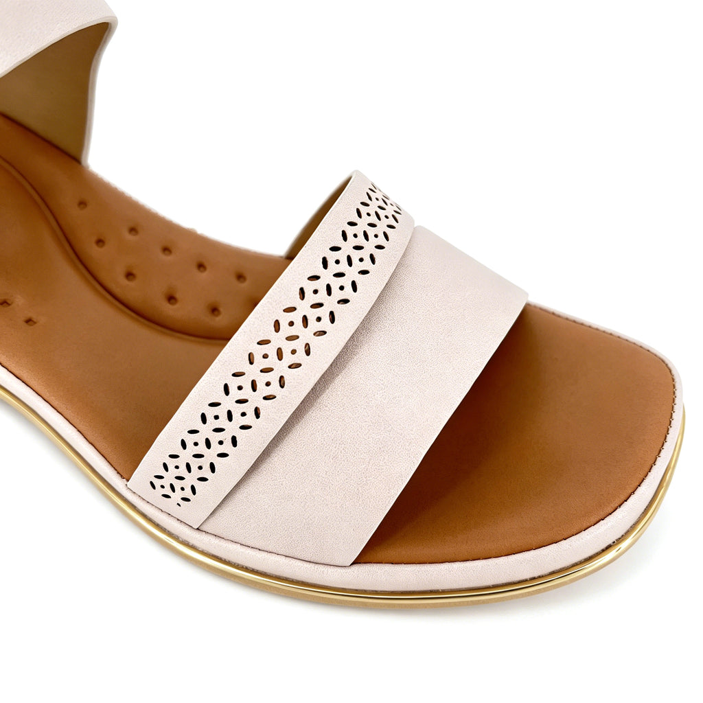 Women's Laser-Cut Floral Wide-Strap Wedge Sandals with Gold Square Buckle & Gold Trim Sole | Low Wedge