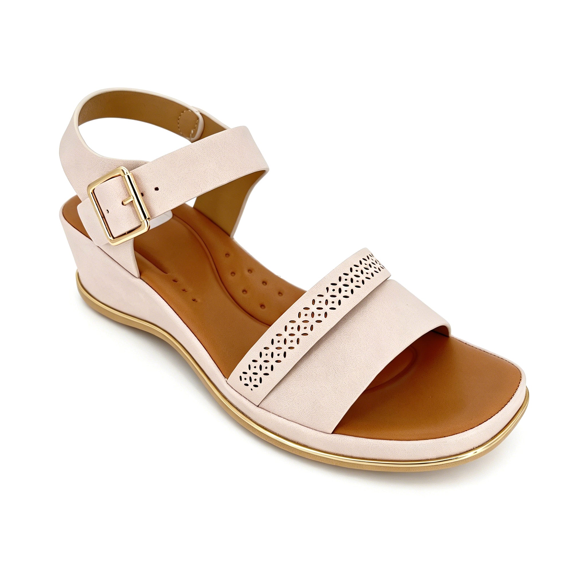 Women's Laser-Cut Floral Wide-Strap Wedge Sandals with Gold Square Buckle & Gold Trim Sole | Low Wedge