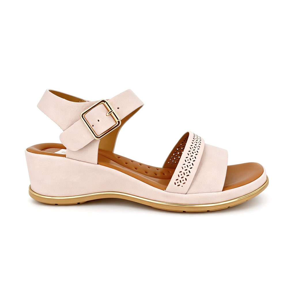 Women's Laser-Cut Floral Wide-Strap Wedge Sandals with Gold Square Buckle & Gold Trim Sole | Low Wedge