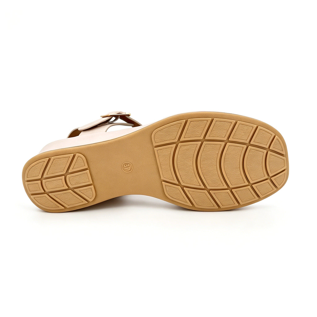 Women's Laser-Cut Floral Wide-Strap Wedge Sandals with Gold Square Buckle & Gold Trim Sole | Low Wedge