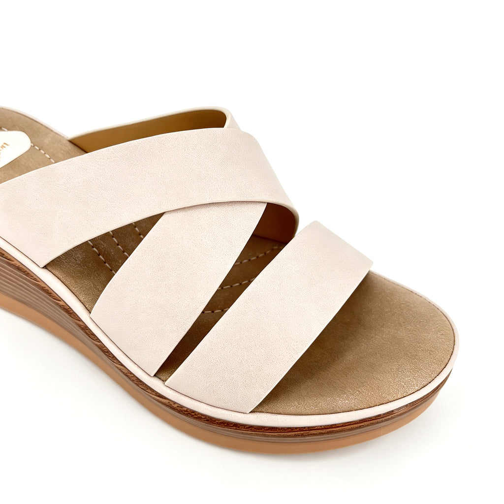 Women's Cross-Strap Slip-On Wedge Mule Sandals | Hardware-Free Design & Striped Mid Wedge | Multiple Colors