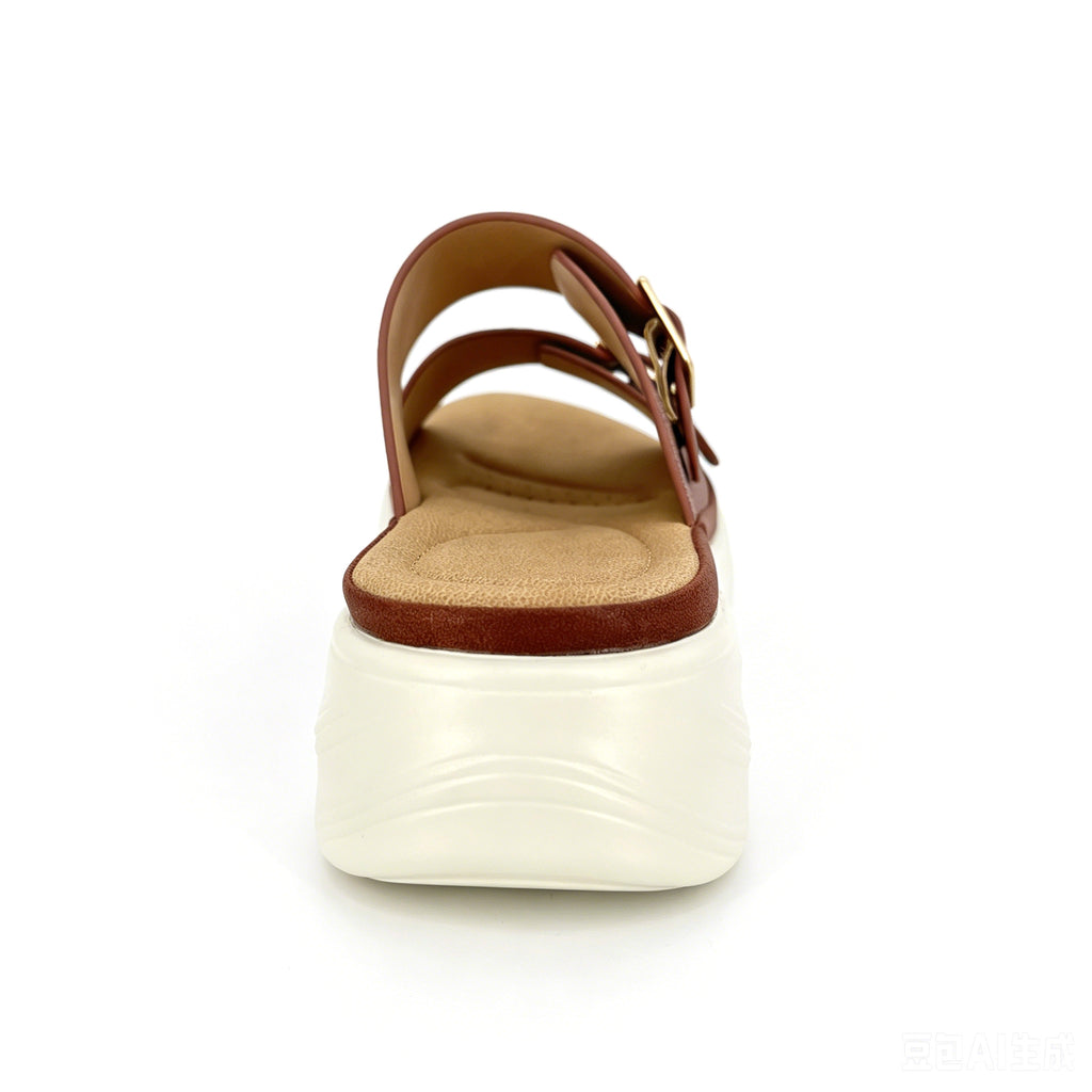 Women's Double-Band Slip-On Platform Mule Sandals with Dual Gold Square Buckles | Textured Straps & Chunky White PU Sole
