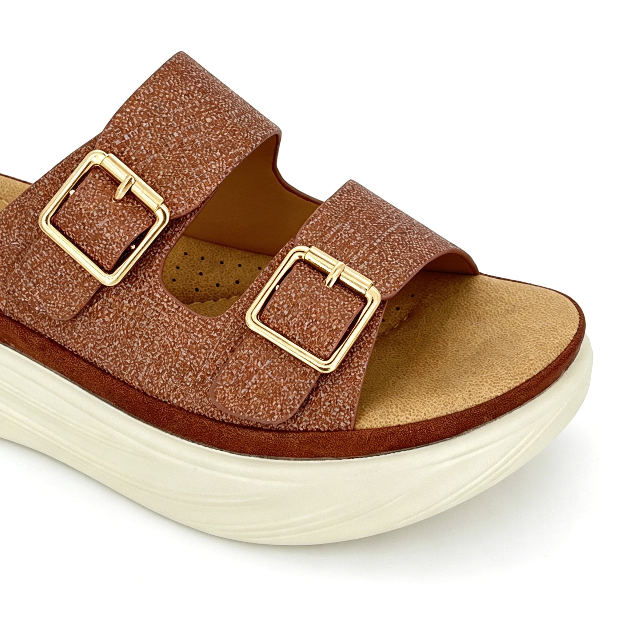 Women's Double-Band Slip-On Platform Mule Sandals with Dual Gold Square Buckles | Textured Straps & Chunky White PU Sole