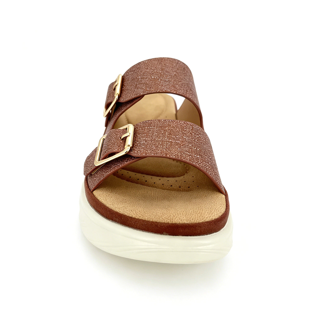 Women's Double-Band Slip-On Platform Mule Sandals with Dual Gold Square Buckles | Textured Straps & Chunky White PU Sole