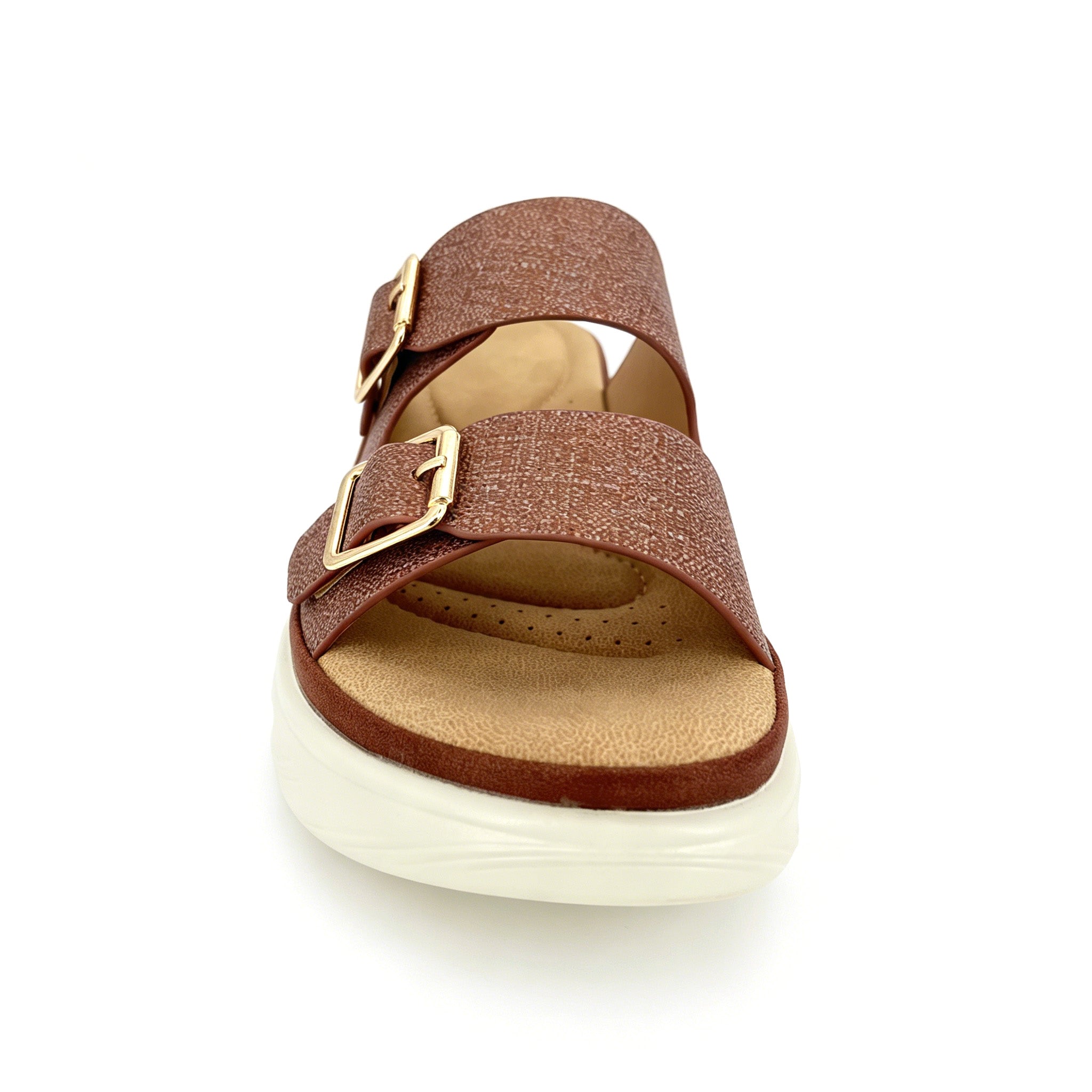 Women's Double-Band Slip-On Platform Mule Sandals with Dual Gold Square Buckles | Textured Straps & Chunky White PU Sole