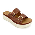 Women's Double-Band Slip-On Platform Mule Sandals with Dual Gold Square Buckles | Textured Straps & Chunky White PU Sole