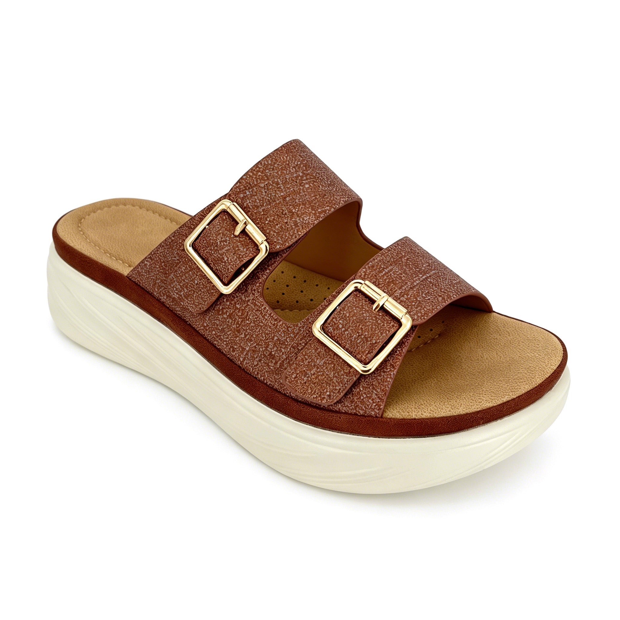 Women's Double-Band Slip-On Platform Mule Sandals with Dual Gold Square Buckles | Textured Straps & Chunky White PU Sole