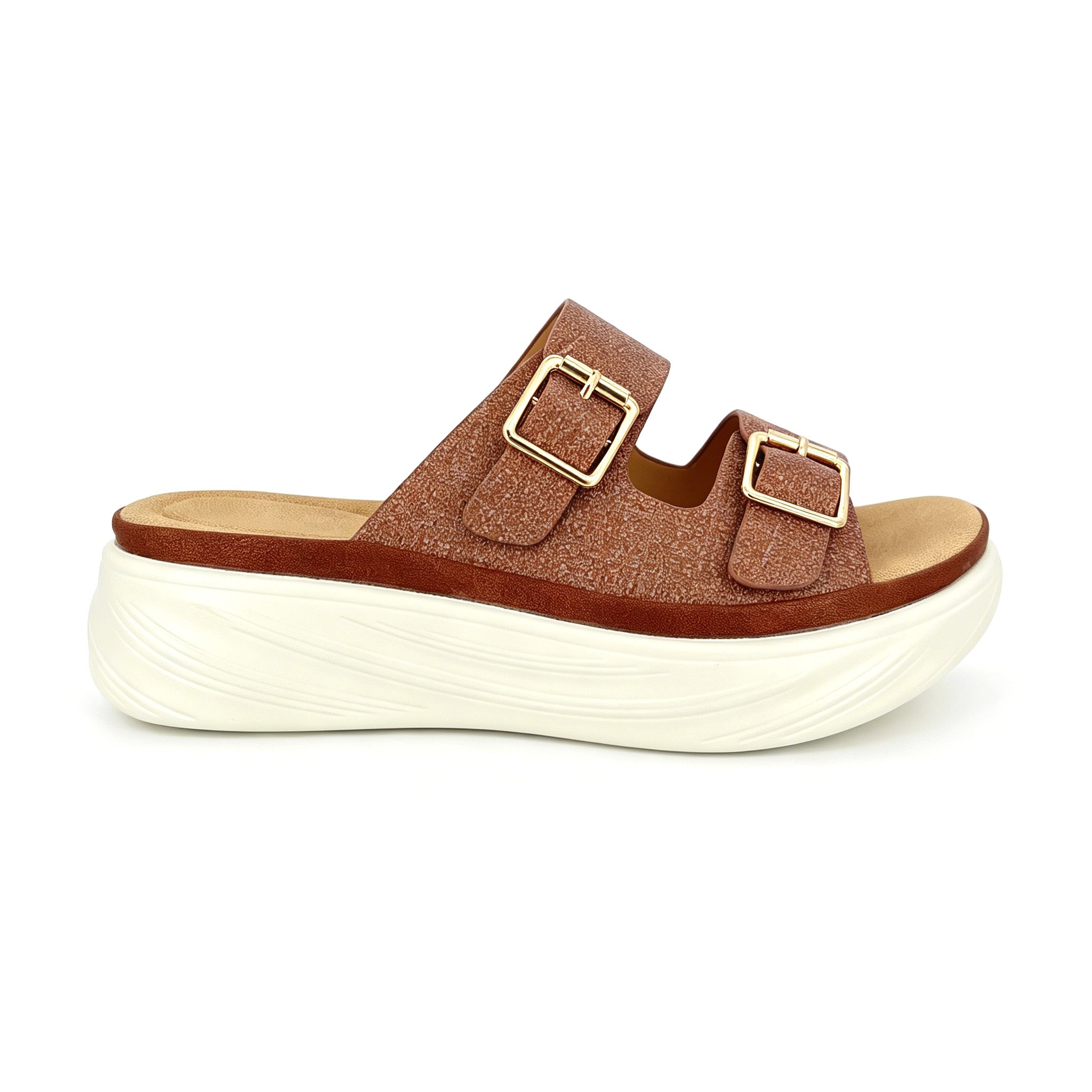 Women's Double-Band Slip-On Platform Mule Sandals with Dual Gold Square Buckles | Textured Straps & Chunky White PU Sole