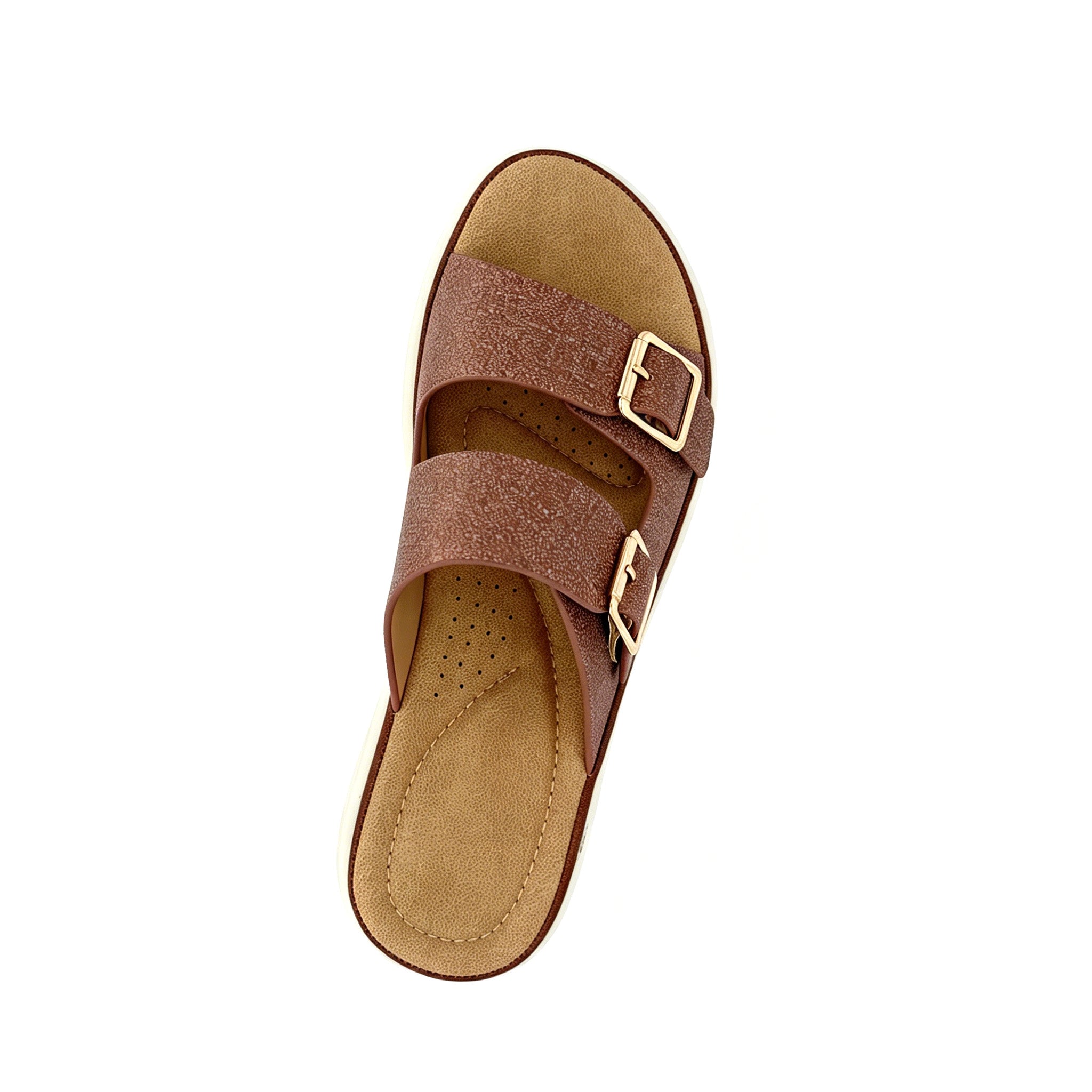 Women's Double-Band Slip-On Platform Mule Sandals with Dual Gold Square Buckles | Textured Straps & Chunky White PU Sole