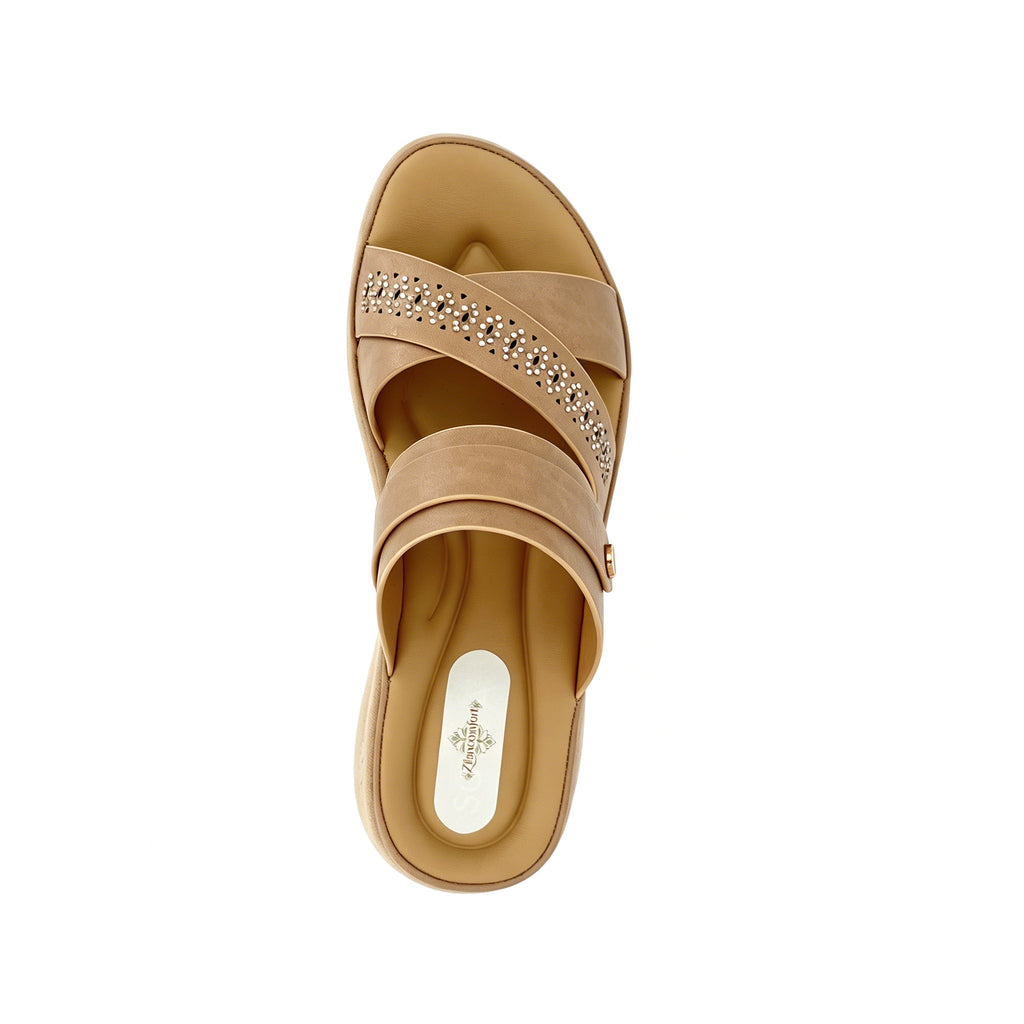 Women's Three-Strap Cross Slip-On Wedge Mule Sandals with Rhinestone Laser-Cut Band & Rose Gold Rivet | Cushioned PU Wedge