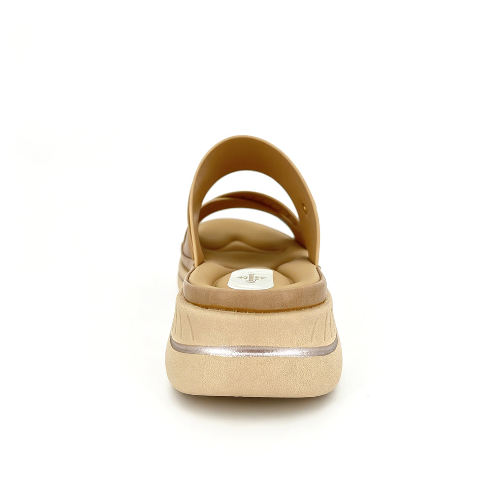 Women's Three-Strap Cross Slip-On Wedge Mule Sandals with Rhinestone Laser-Cut Band & Rose Gold Rivet | Cushioned PU Wedge