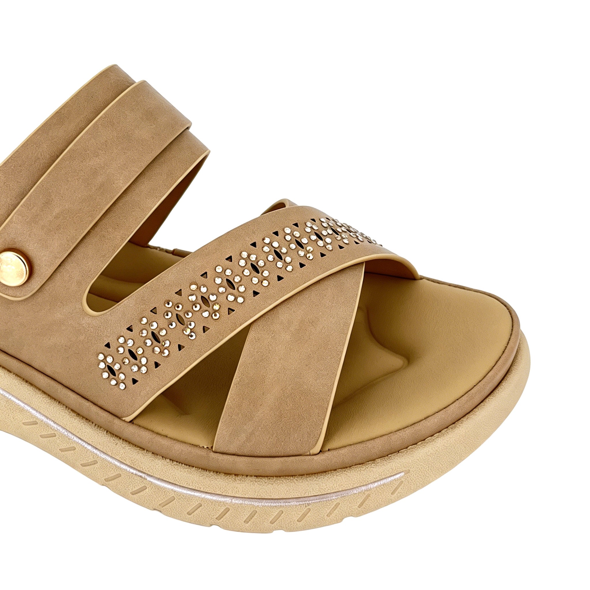 Women's Three-Strap Cross Slip-On Wedge Mule Sandals with Rhinestone Laser-Cut Band & Rose Gold Rivet | Cushioned PU Wedge