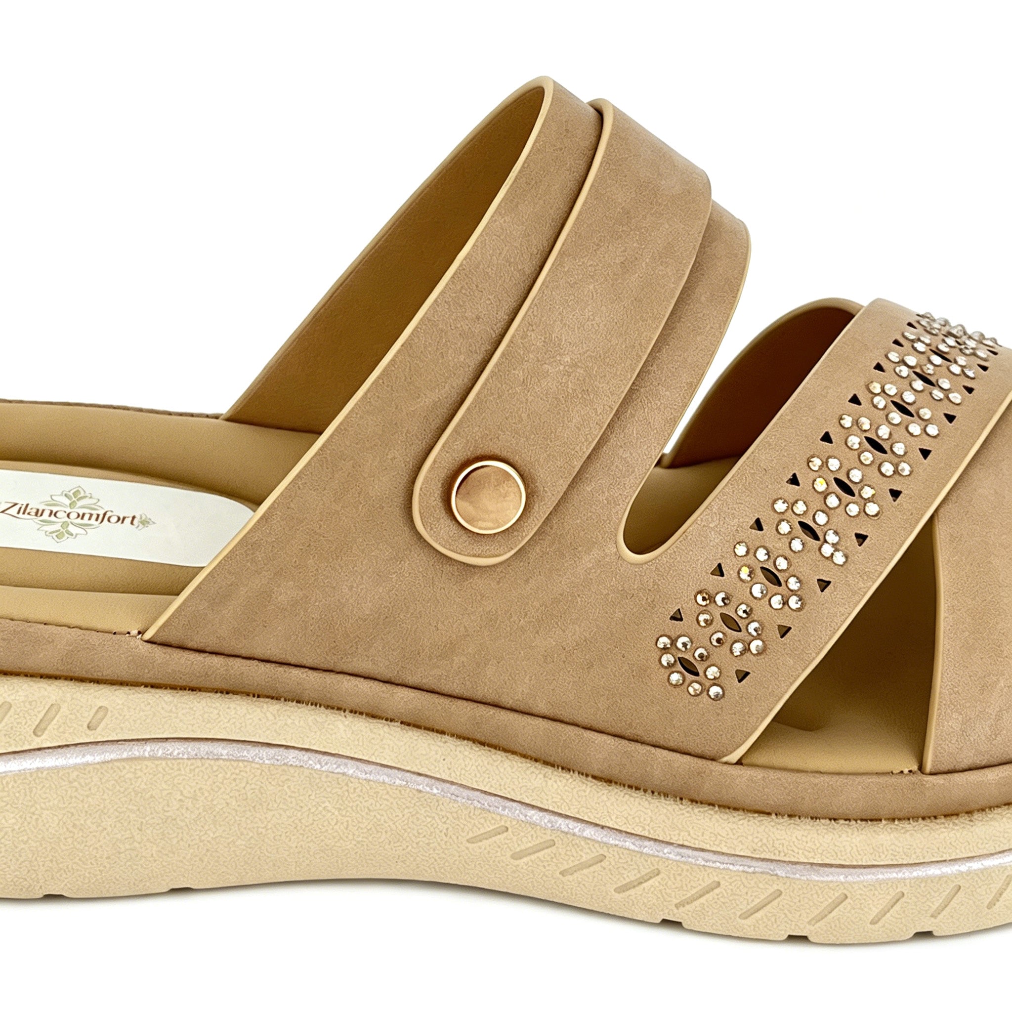 Women's Three-Strap Cross Slip-On Wedge Mule Sandals with Rhinestone Laser-Cut Band & Rose Gold Rivet | Cushioned PU Wedge