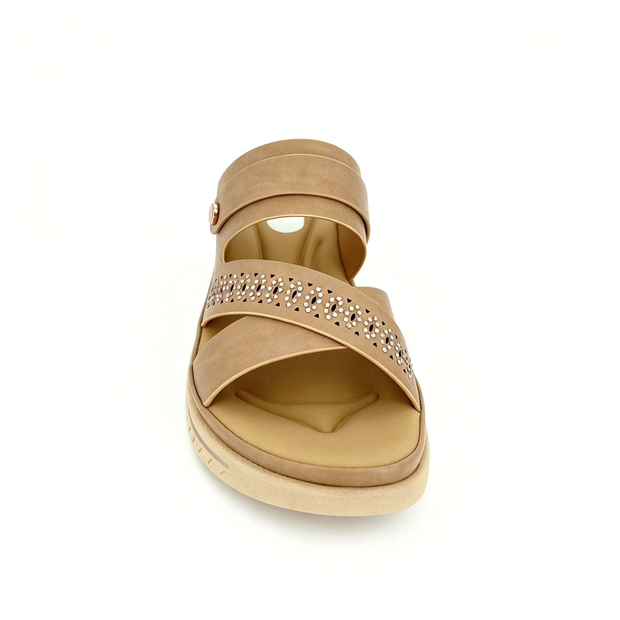 Women's Three-Strap Cross Slip-On Wedge Mule Sandals with Rhinestone Laser-Cut Band & Rose Gold Rivet | Cushioned PU Wedge