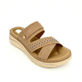 Women's Three-Strap Cross Slip-On Wedge Mule Sandals with Rhinestone Laser-Cut Band & Rose Gold Rivet | Cushioned PU Wedge