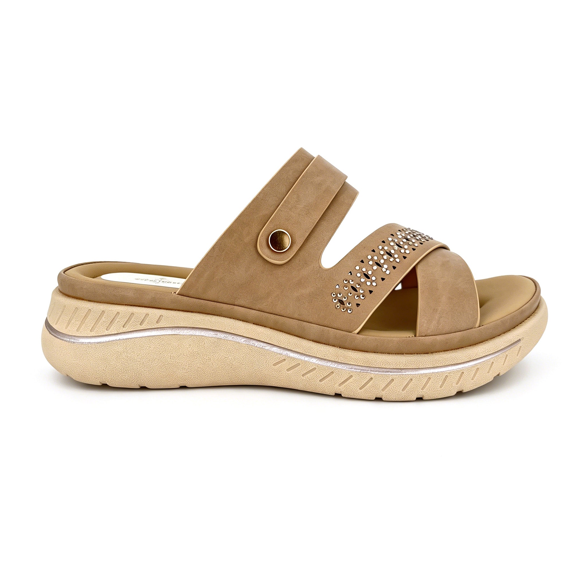 Women's Three-Strap Cross Slip-On Wedge Mule Sandals with Rhinestone Laser-Cut Band & Rose Gold Rivet | Cushioned PU Wedge