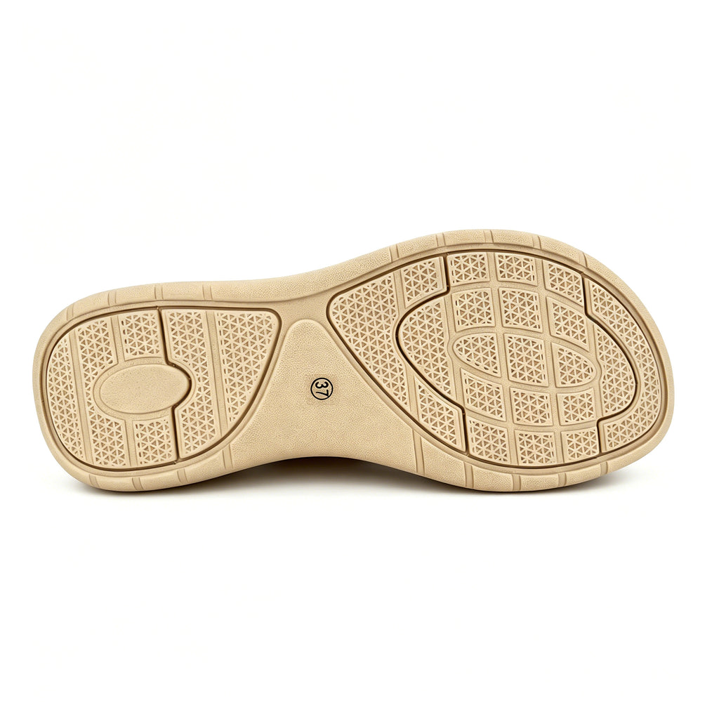 Women's Three-Strap Cross Slip-On Wedge Mule Sandals with Rhinestone Laser-Cut Band & Rose Gold Rivet | Cushioned PU Wedge