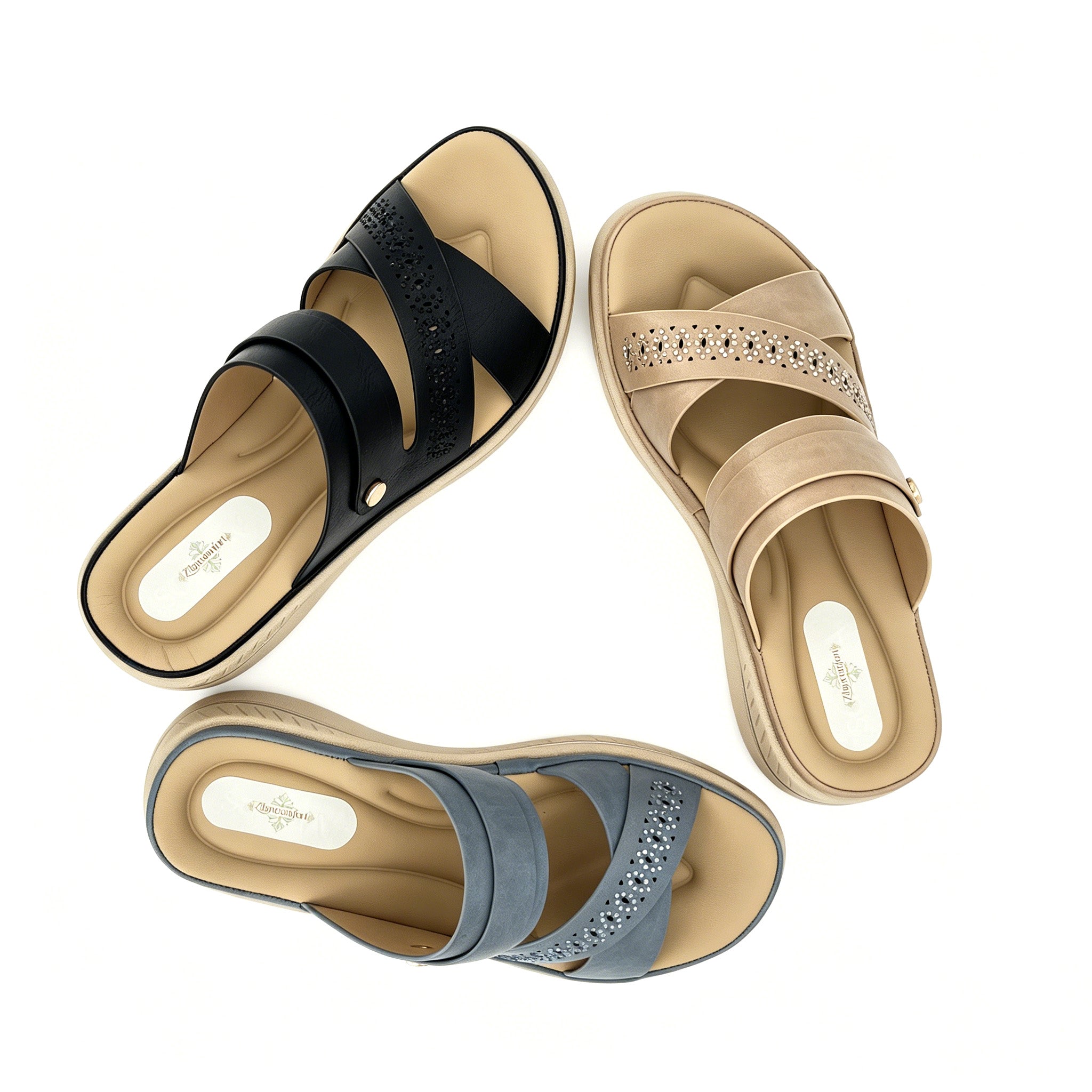 Women's Three-Strap Cross Slip-On Wedge Mule Sandals with Rhinestone Laser-Cut Band & Rose Gold Rivet | Cushioned PU Wedge
