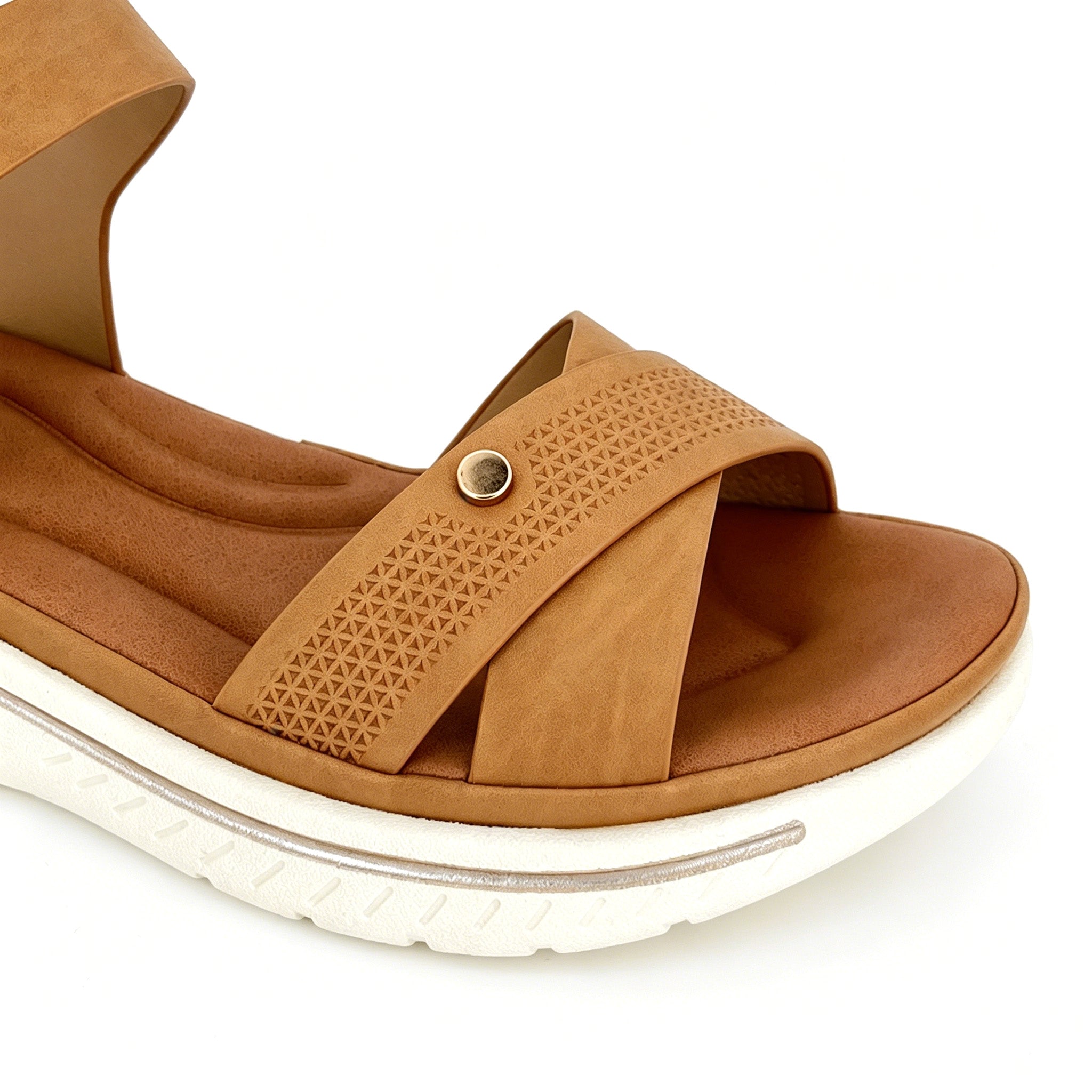 Women's Cross-Strap Ankle Strap Sport Platform Sandals with Velcro Closure | Geometric Embossed Band & Gold Rivet | Multiple Colors