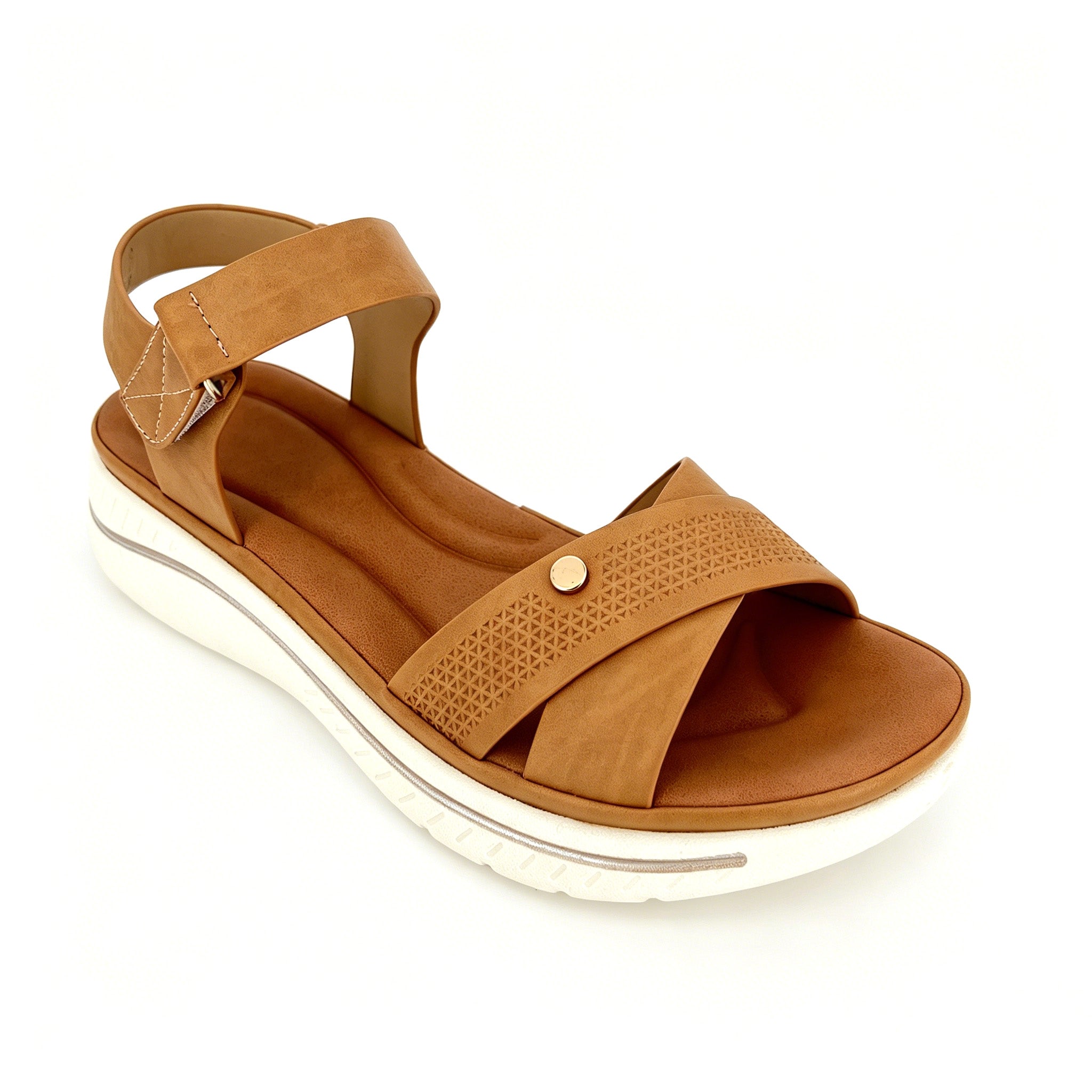 Women's Cross-Strap Ankle Strap Sport Platform Sandals with Velcro Closure | Geometric Embossed Band & Gold Rivet | Multiple Colors