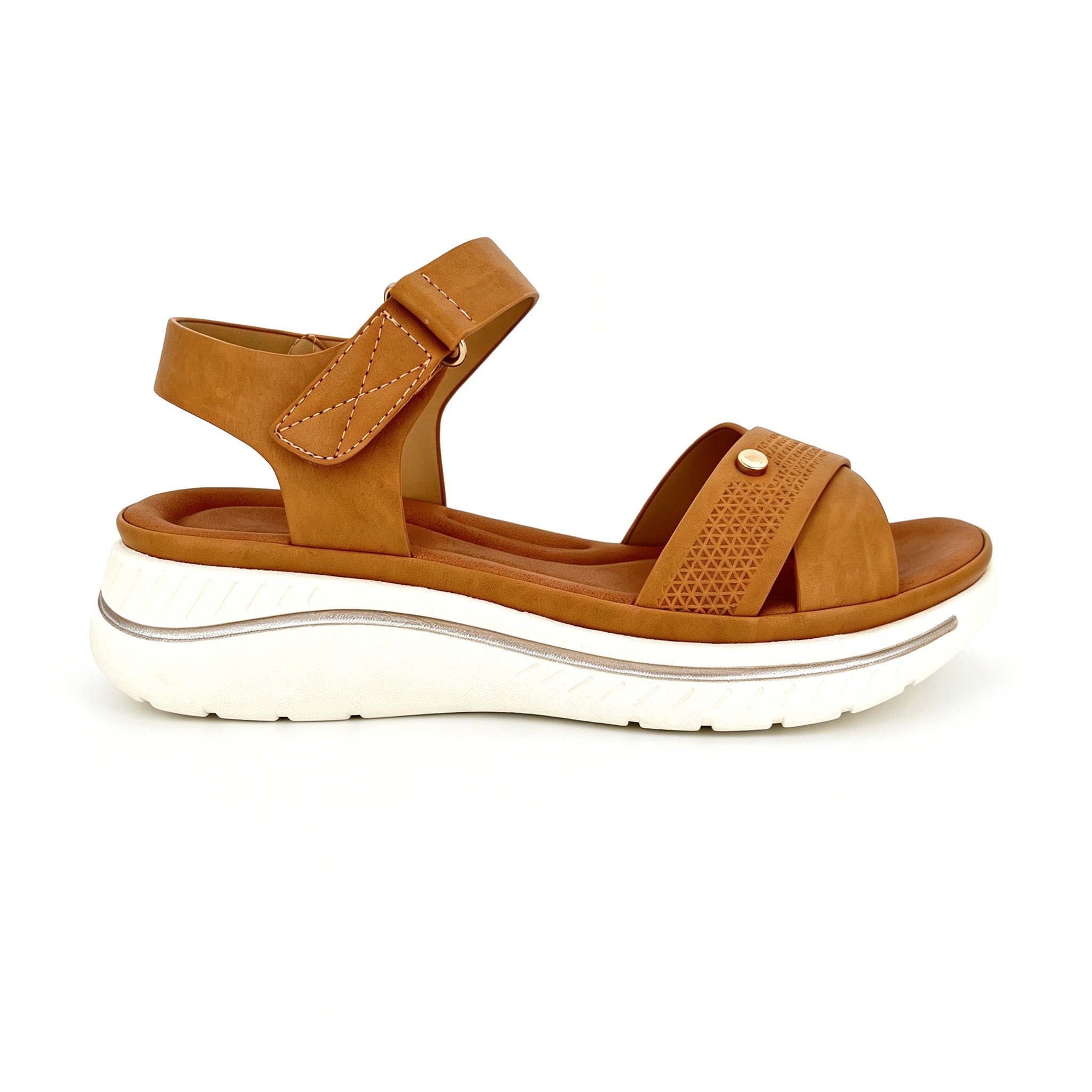 Women's Cross-Strap Ankle Strap Sport Platform Sandals with Velcro Closure | Geometric Embossed Band & Gold Rivet | Multiple Colors