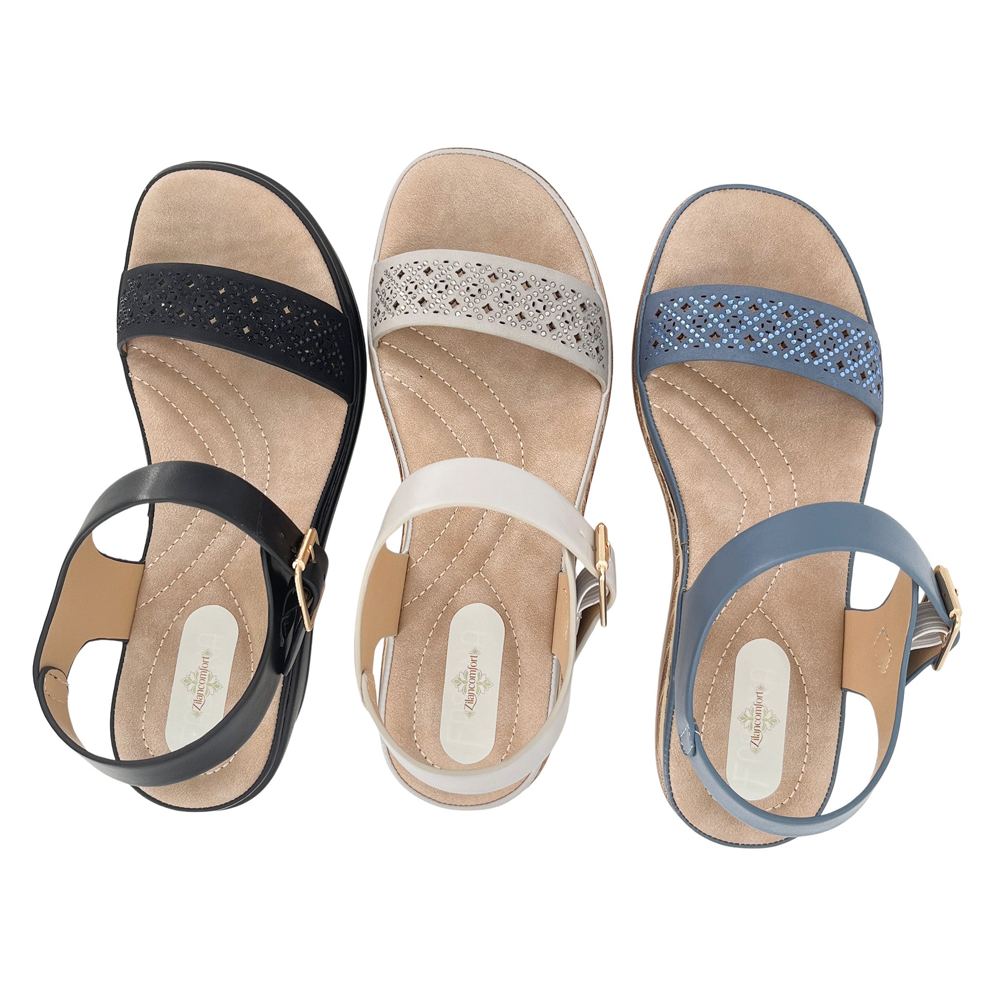 Women's Crystal-Studded Laser-Cut Wedge Sandals | Wholesale Platform Sandal | Multi-Color | EU 35–41