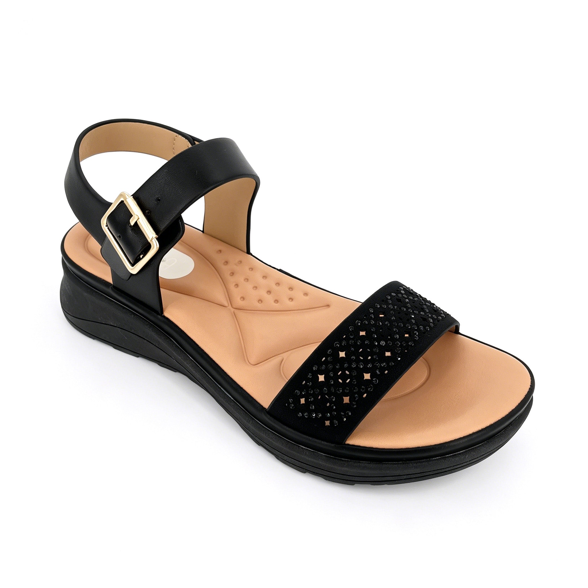 Women's Crystal-Studded Laser-Cut Low Wedge Sandals | Wholesale Comfort Platform Sandal | Multi-Color | EU 35–41