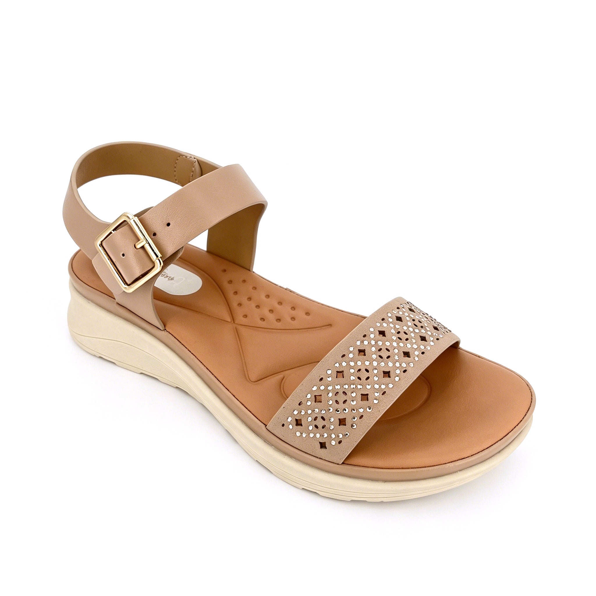Women's Crystal-Studded Laser-Cut Low Wedge Sandals | Wholesale Comfort Platform Sandal | Multi-Color | EU 35–41