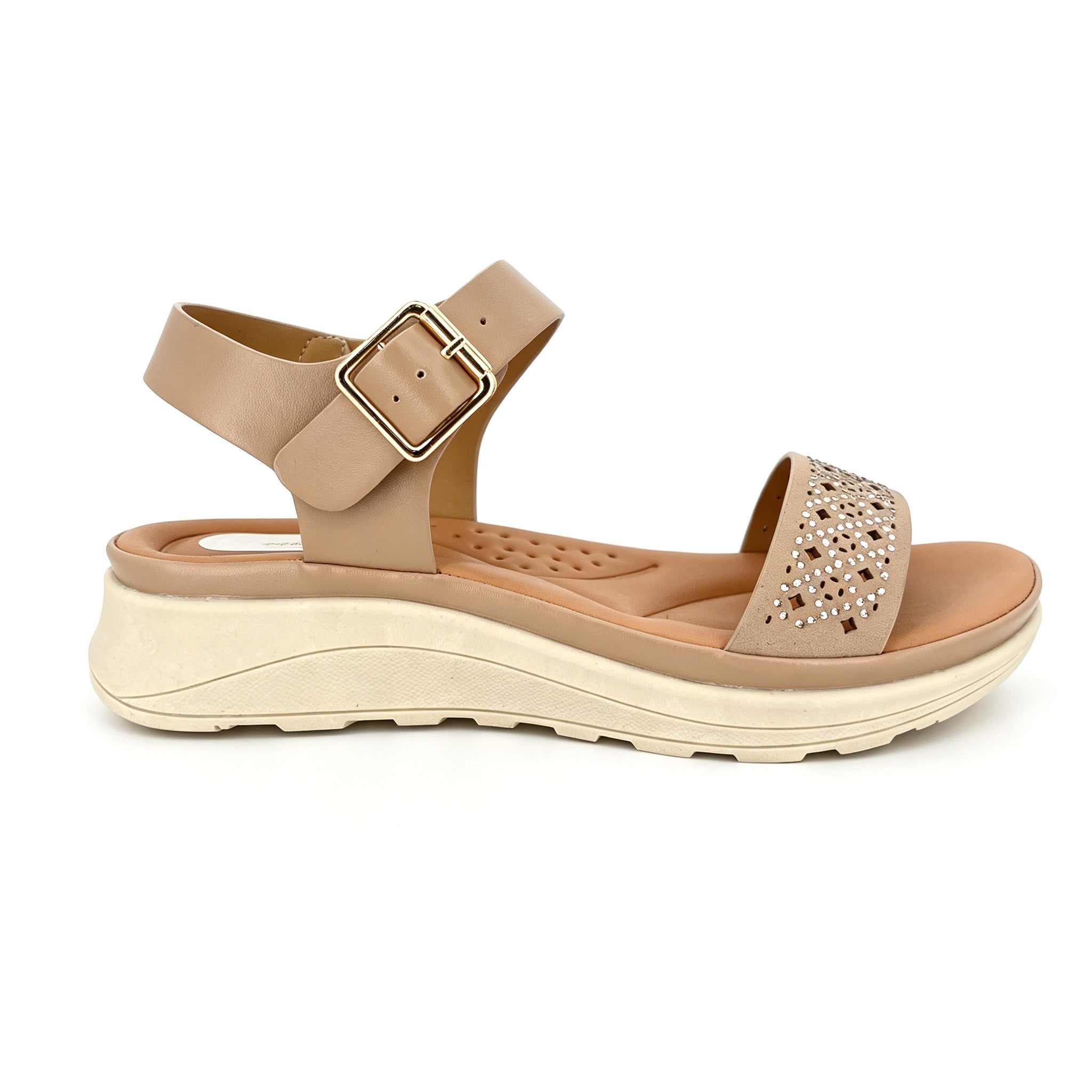 Women's Crystal-Studded Laser-Cut Low Wedge Sandals | Wholesale Comfort Platform Sandal | Multi-Color | EU 35–41