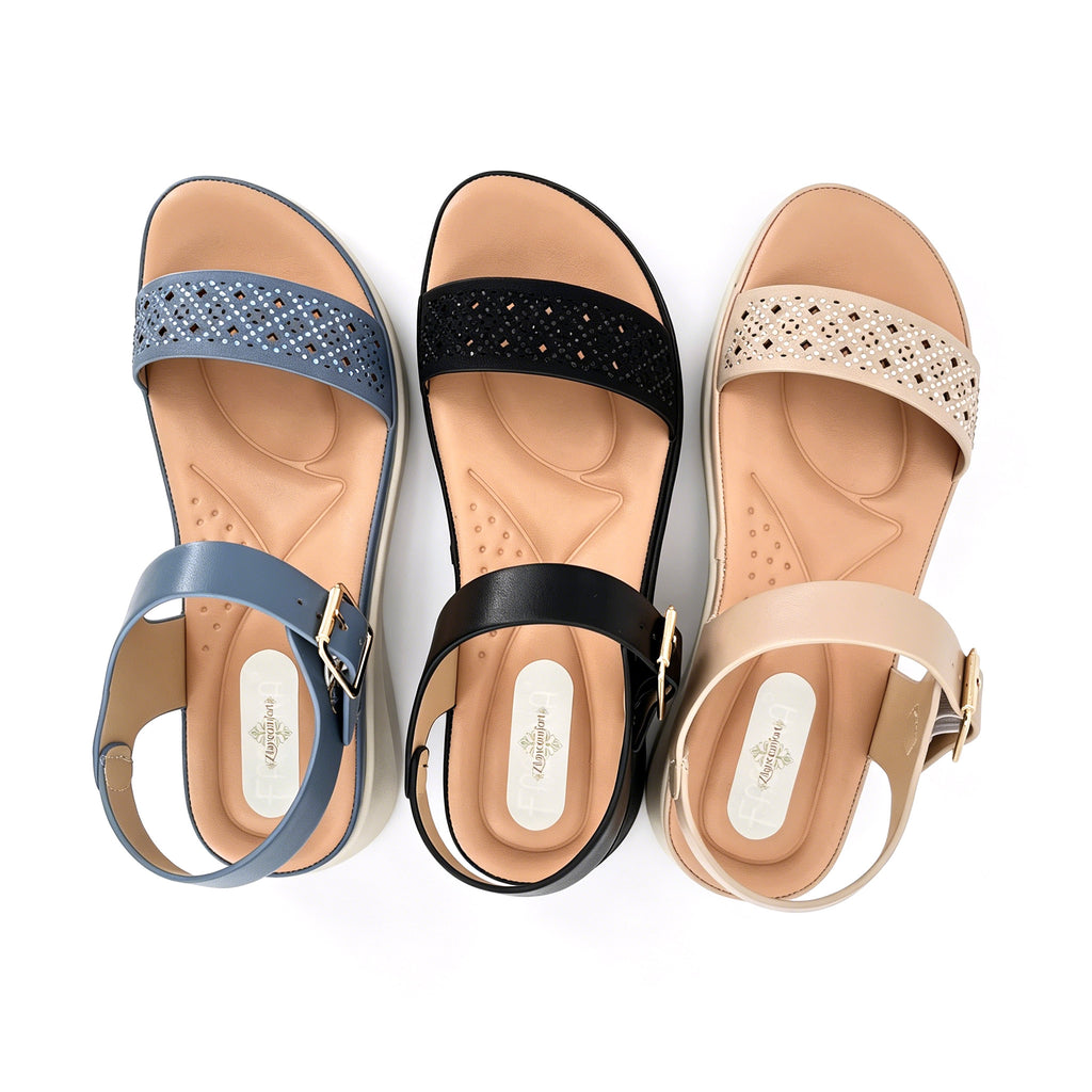 Women's Crystal-Studded Laser-Cut Low Wedge Sandals | Wholesale Comfort Platform Sandal | Multi-Color | EU 35–41