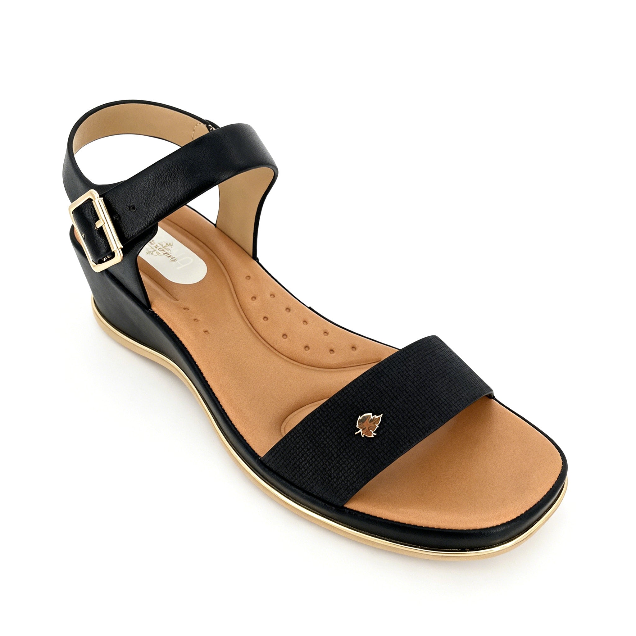 Women's Textured-Strap Gold Leaf Badge Low Wedge Sandals | Wholesale Comfort Platform Sandal | Multi-Color | EU 35–41